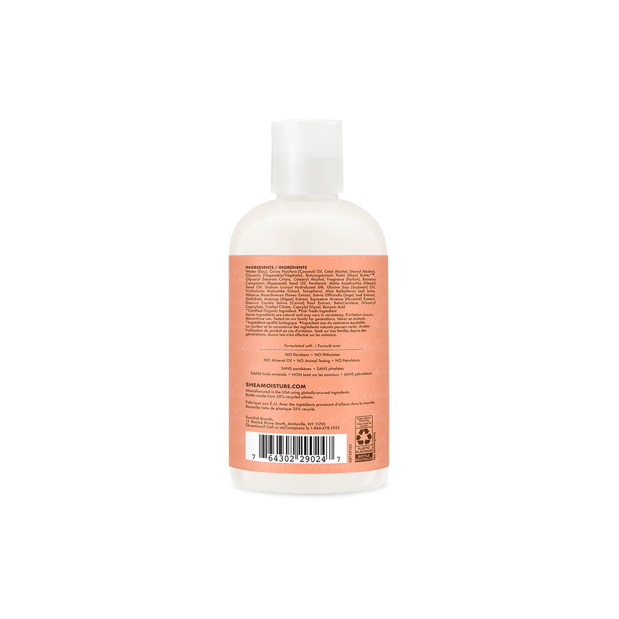 Hvid flaske med hvidt låg, der viser bagsiden med etiketten på Shea Moisture Coconut & Hibiscus Curl & Style Milk (237 ml). Etiketten indeholder en detaljeret ingrediensliste.