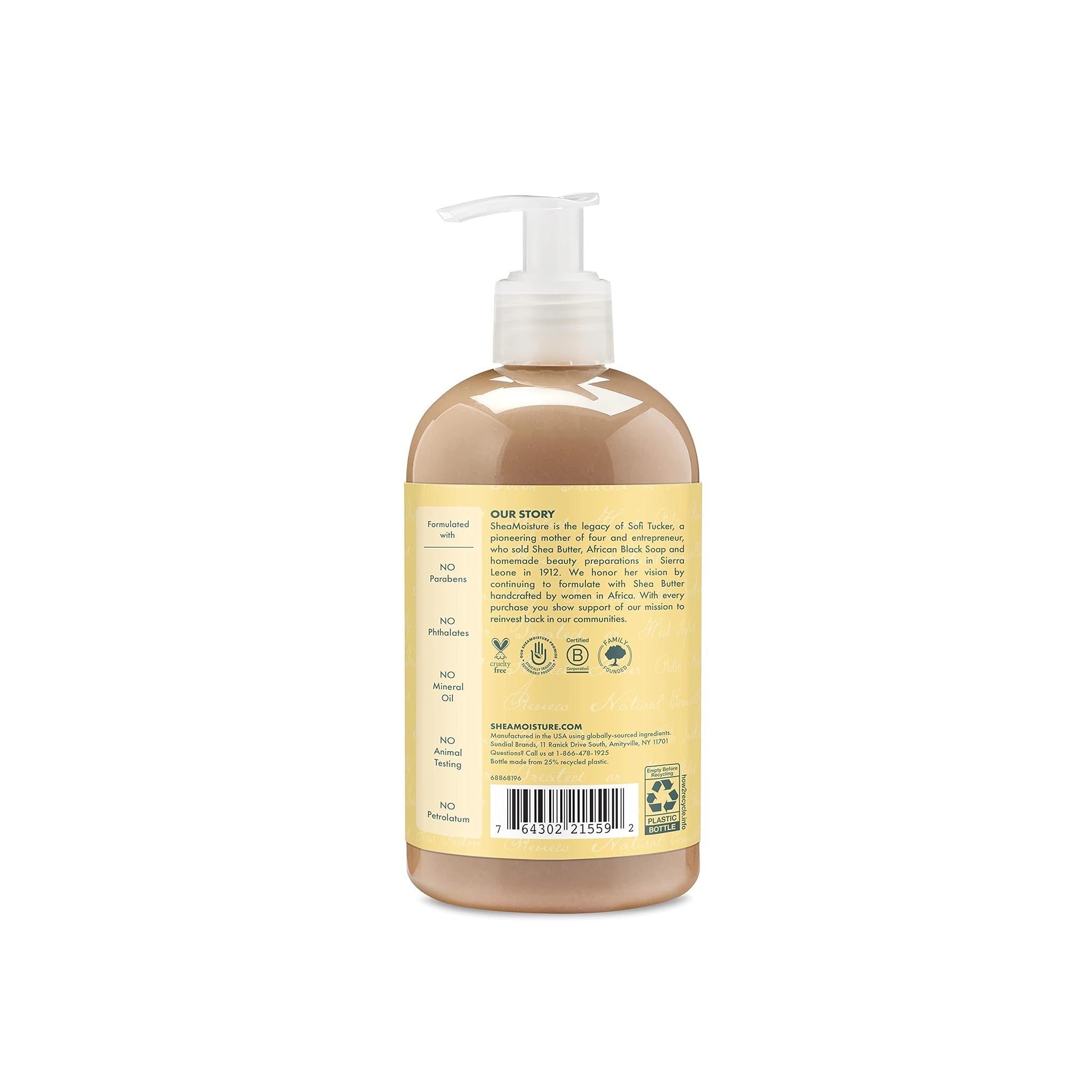 Bagsiden af Shea Moisture Jamaican Black Castor Oil Conditioner (384 ml) med information om brandet og ingredienser.