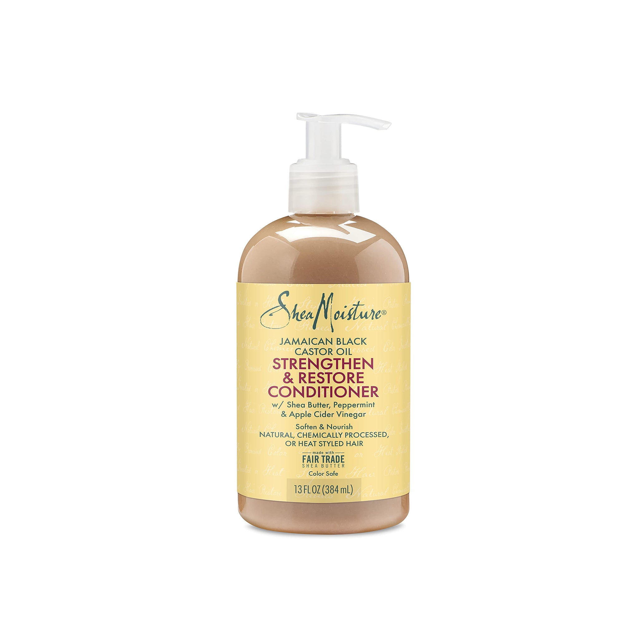 Klar flaske med hvid pumpe indeholdende Shea Moisture Jamaican Black Castor Oil Strengthen & Restore Conditioner (384 ml). Etiketten er beige/gul med sort og rød tekst.
