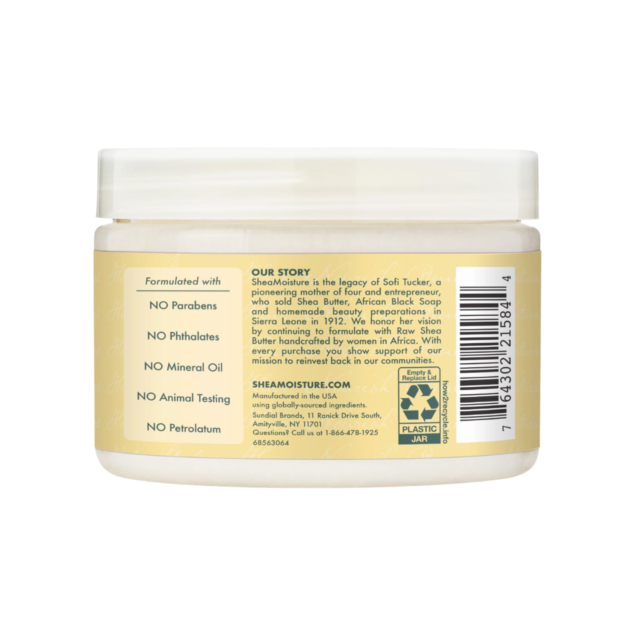 Bagsiden af Shea Moisture Jamaican Black Castor Oil Leave-In Conditioner krukken med brandhistorie og information om ingredienser.