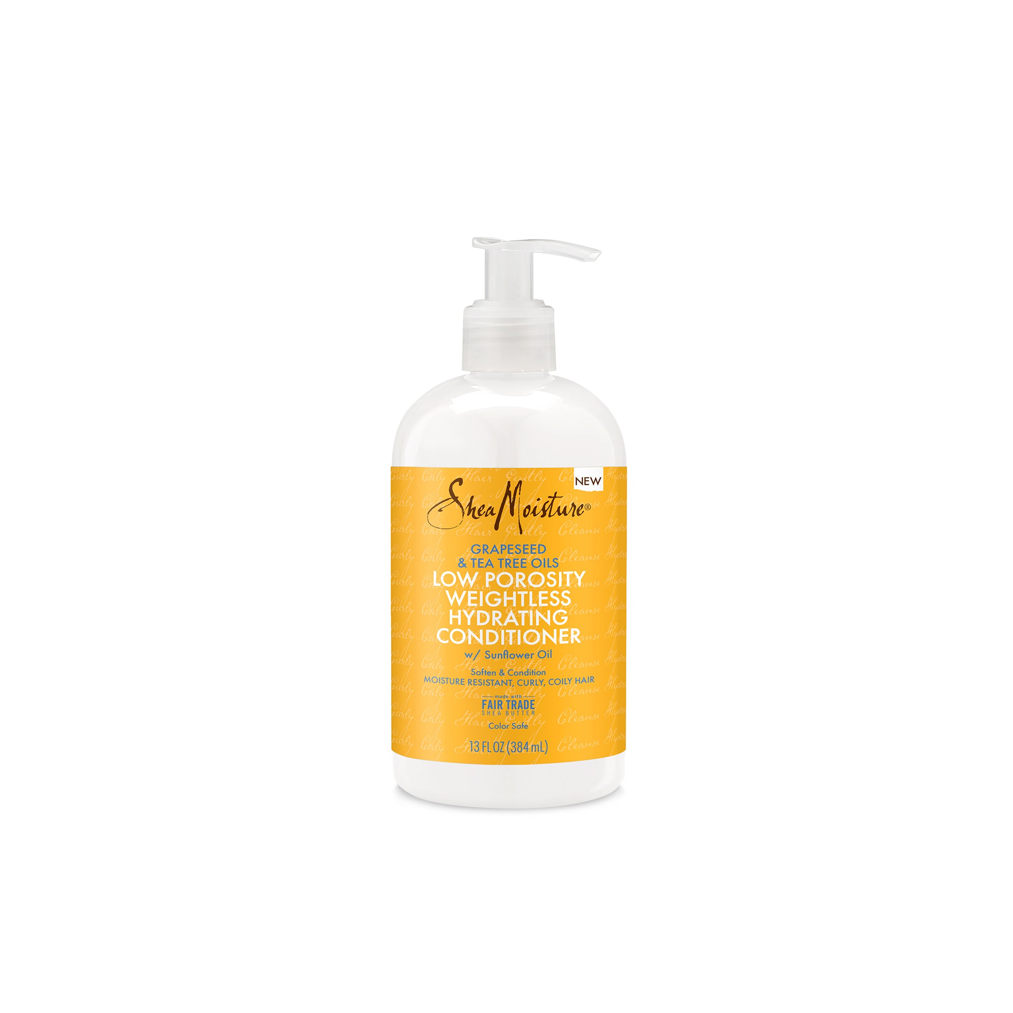 Hvid flaske med pumpe indeholdende Shea Moisture Grapeseed & Tea Tree Oils Low Porosity Weightless Hydrating Conditioner. Etiketten er gul med sort og hvid tekst.