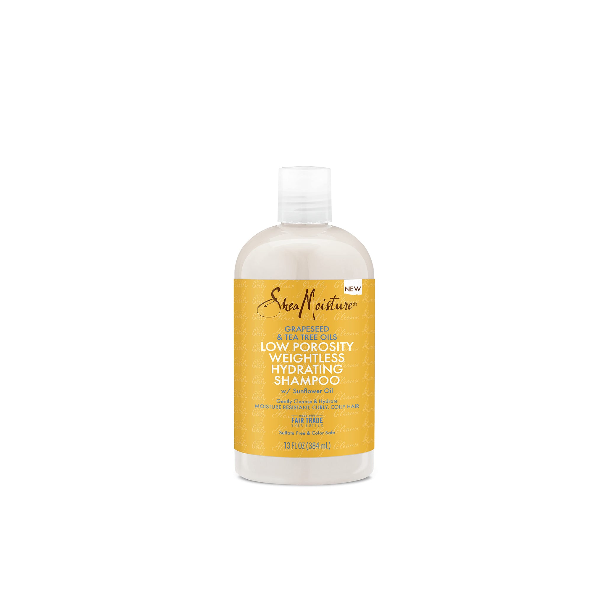 Hvid flaske med hvidt låg indeholdende Shea Moisture Grapeseed & Tea Tree Oils Low Porosity Weightless Hydrating Shampoo. Etiketten er gul med sort og hvid tekst.