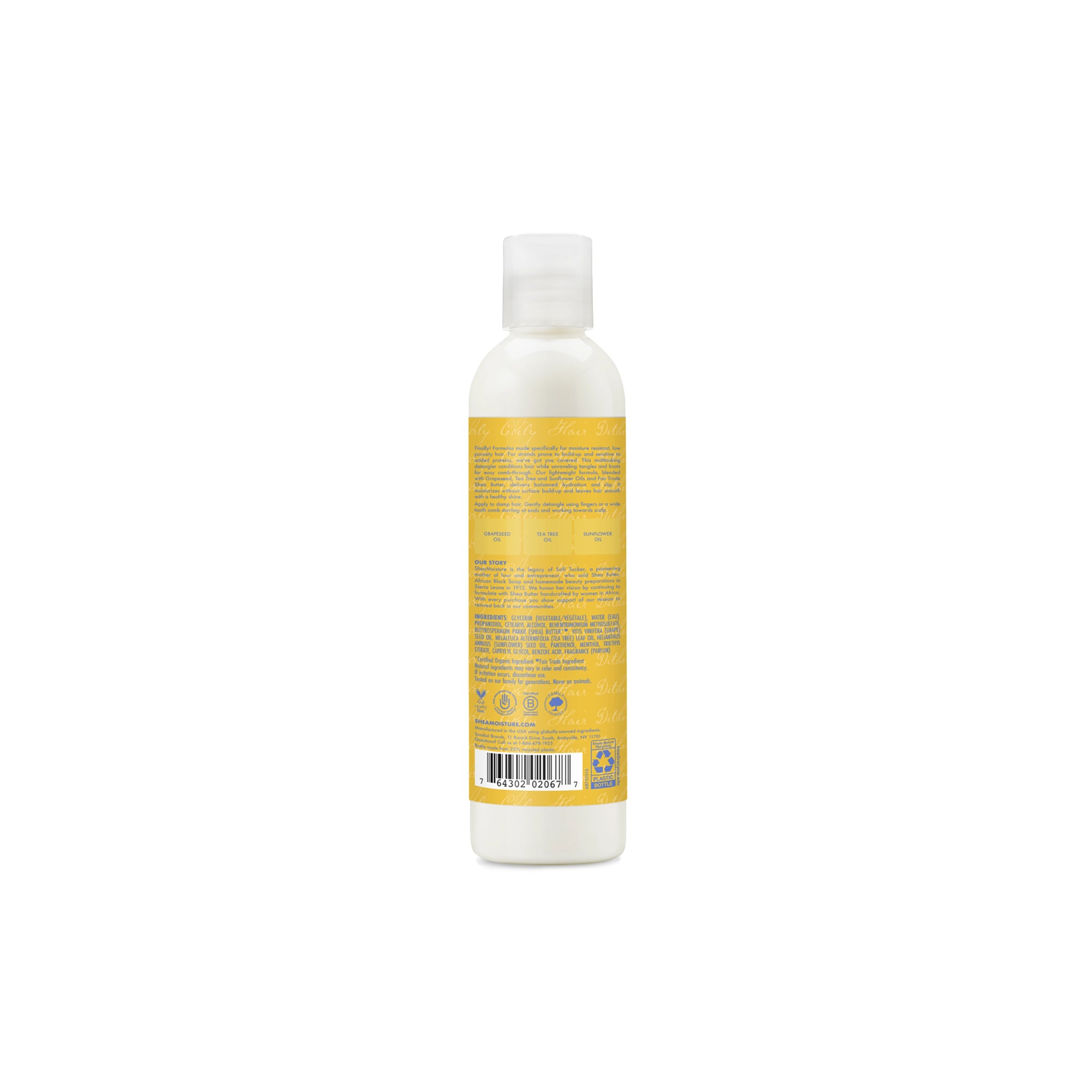 Information om ingredienser og brug af Shea Moisture Low Porosity Leave-In Detangler, som vist på bagsiden af flasken.