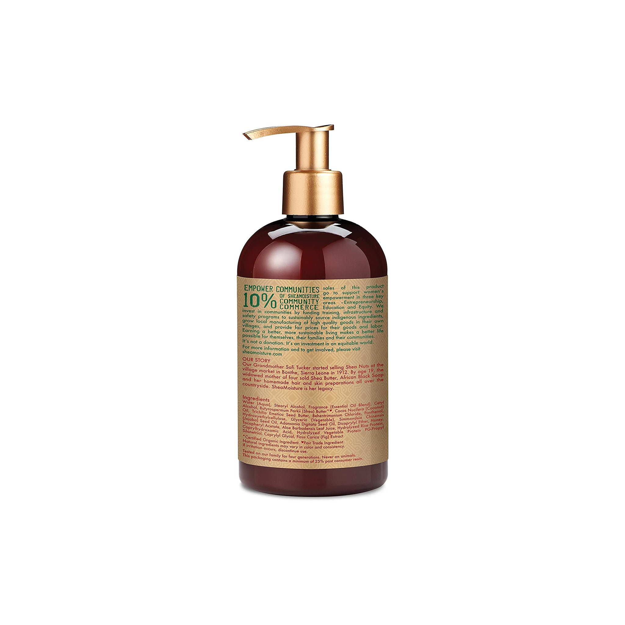 Shea Moisture Manuka Honey & Mafura Oil Intensive Hydration Conditioner (384 ml). Bagsiden beskriver brandets engagement i lokalsamfundene gennem Community Commerce.


