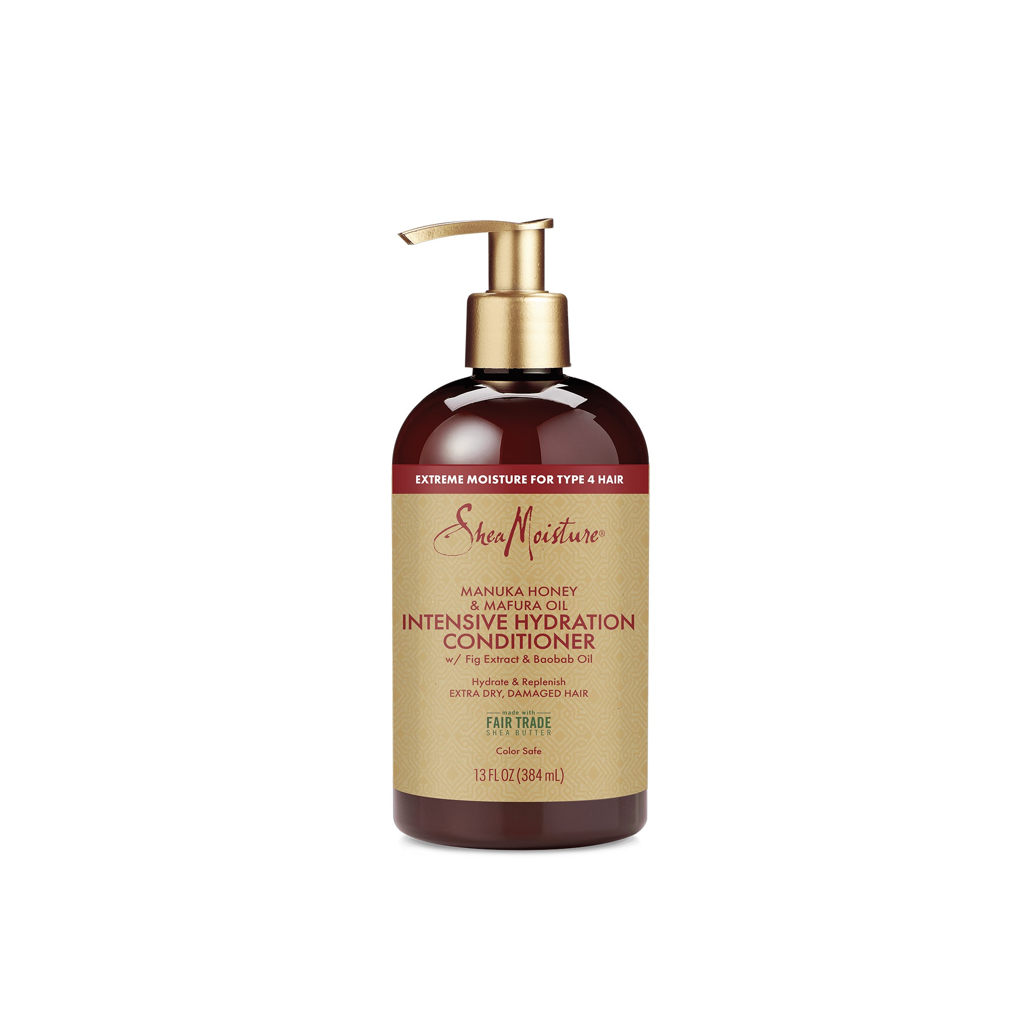 Flaske med Shea Moisture Manuka Honey & Mafura Oil Intensive Hydration Conditioner (384 ml). Velegnet til ekstra tørt og skadet hår.