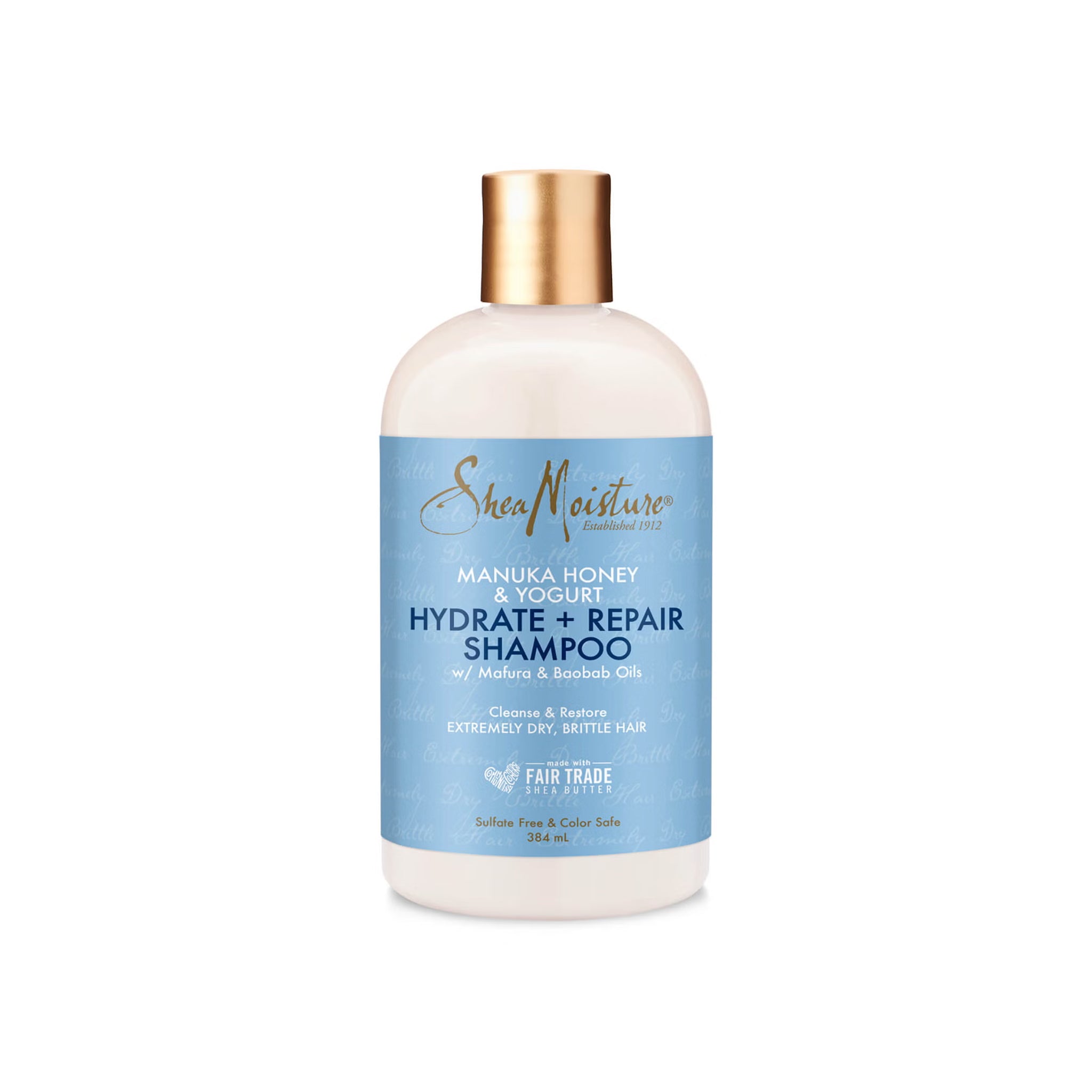 Flaske med Shea Moisture Manuka Honey & Yogurt Hydrate + Repair Shampoo (384 ml). Sulfatfri og farvebeskyttende.