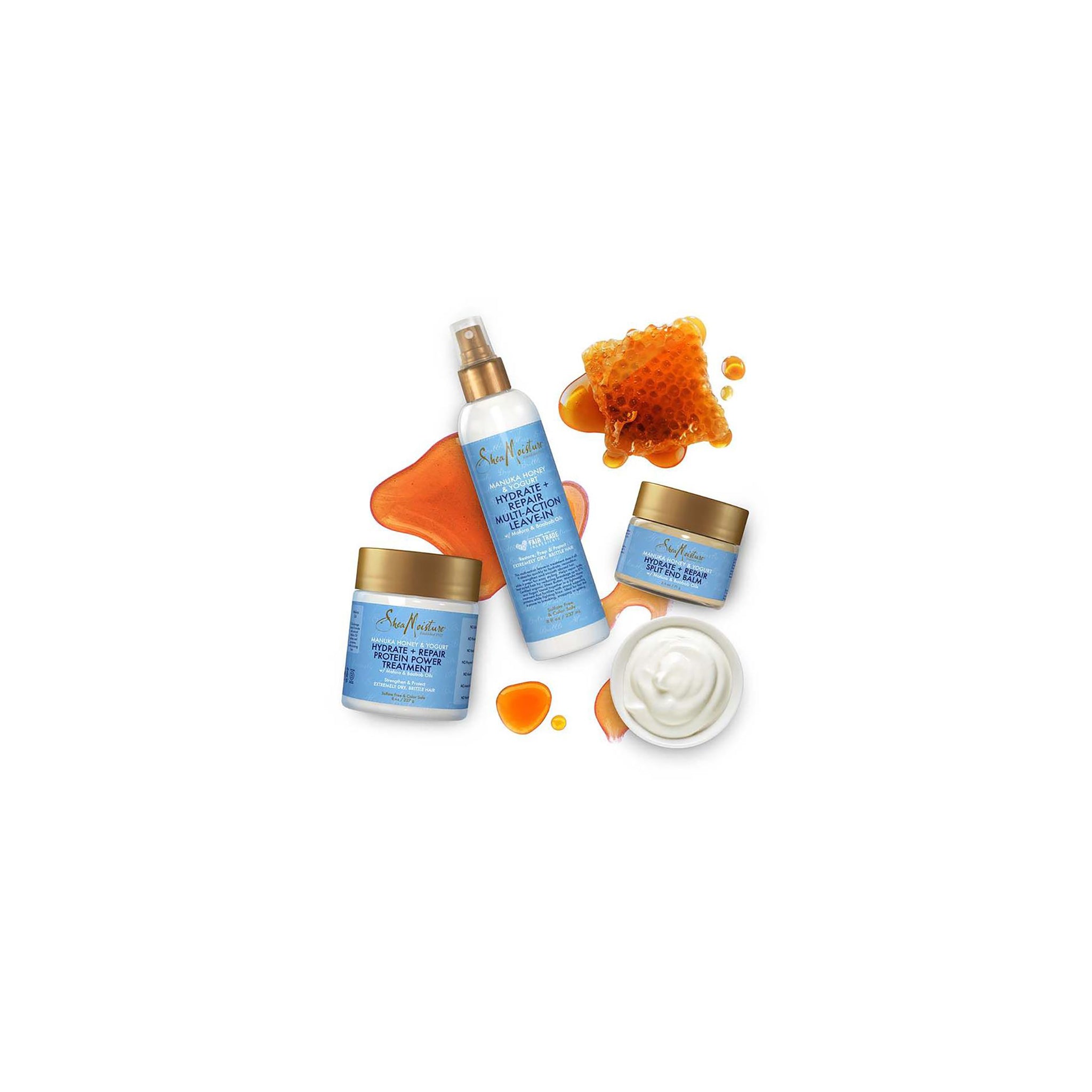 Shea Moisture Manuka Honey & Yogurt Hårplejeserie. Billedet viser Hydrate + Repair Multi-Action Leave-In (237 ml), Hydrate + Repair Protein Power Treatment og Honey & Yogurt serien med honningkage og yoghurt.