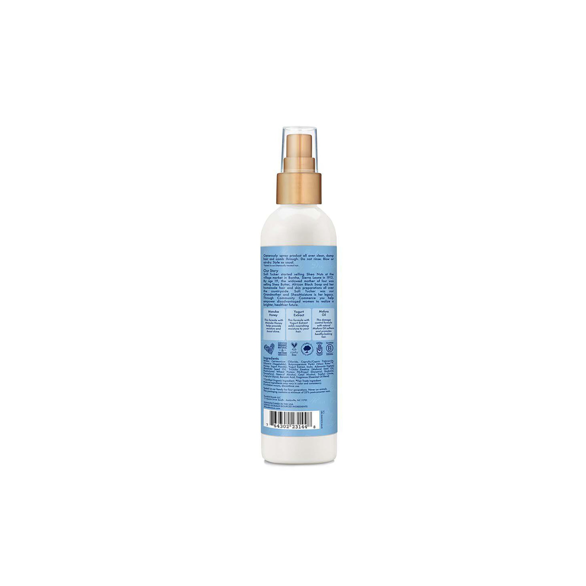 Shea Moisture Manuka Honey & Yogurt Hydrate + Repair Multi-Action Leave-In (237 ml) - Bagside. Billedet viser bagsiden af sprayflasken med ingrediensliste, brugsanvisning og yderligere produktinformation, inklusiv fokus på Fair Trade ingredienser.