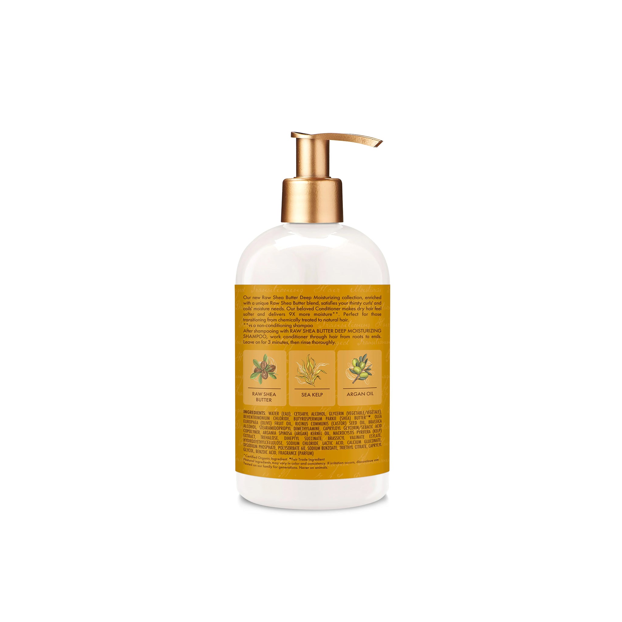 Shea Moisture Raw Shea Butter Deep Moisturizing Conditioner (384 ml) - Bagside. Billedet viser bagsiden af flasken med beskrivelse af produktserien, brugsanvisning og ingrediensliste, der fremhæver sheasmør, havtang og arganolie.