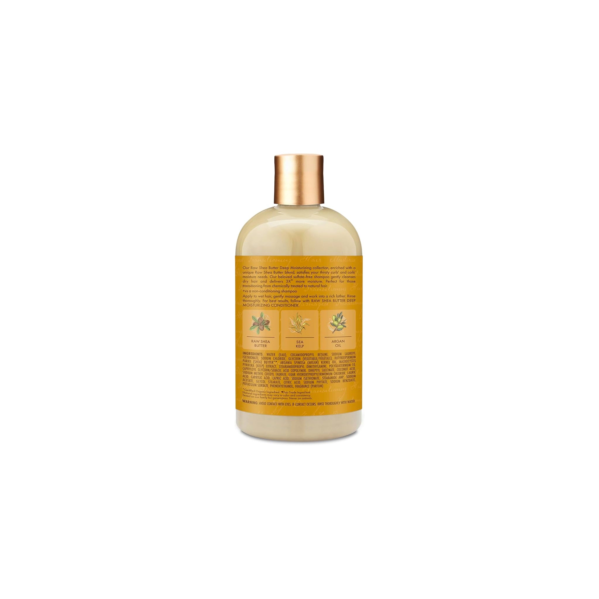 Shea Moisture Raw Shea Butter Deep Moisturizing Shampoo (384 ml) - Bagside. Billedet viser bagsiden af shampoo-flasken med information om ingredienser (sheasmør, havtang og arganolie) og brugsanvisning.