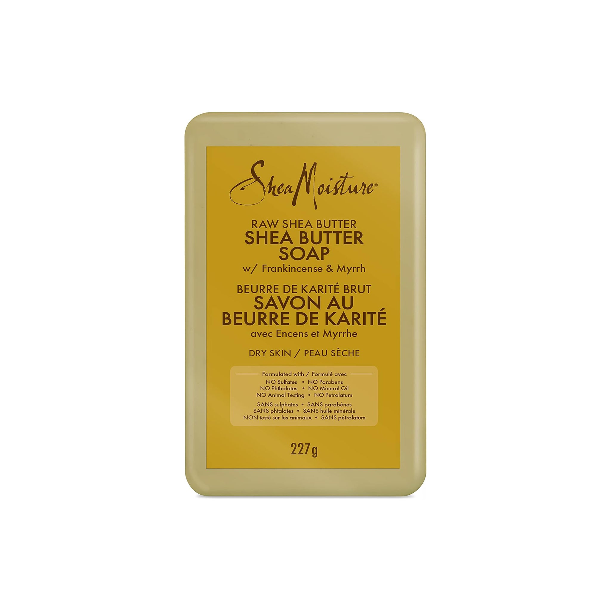 Shea Moisture Raw Shea Butter Soap (227g). En fugtgivende sæbe med sheasmør, frankincense og myrra, velegnet til tør hud.