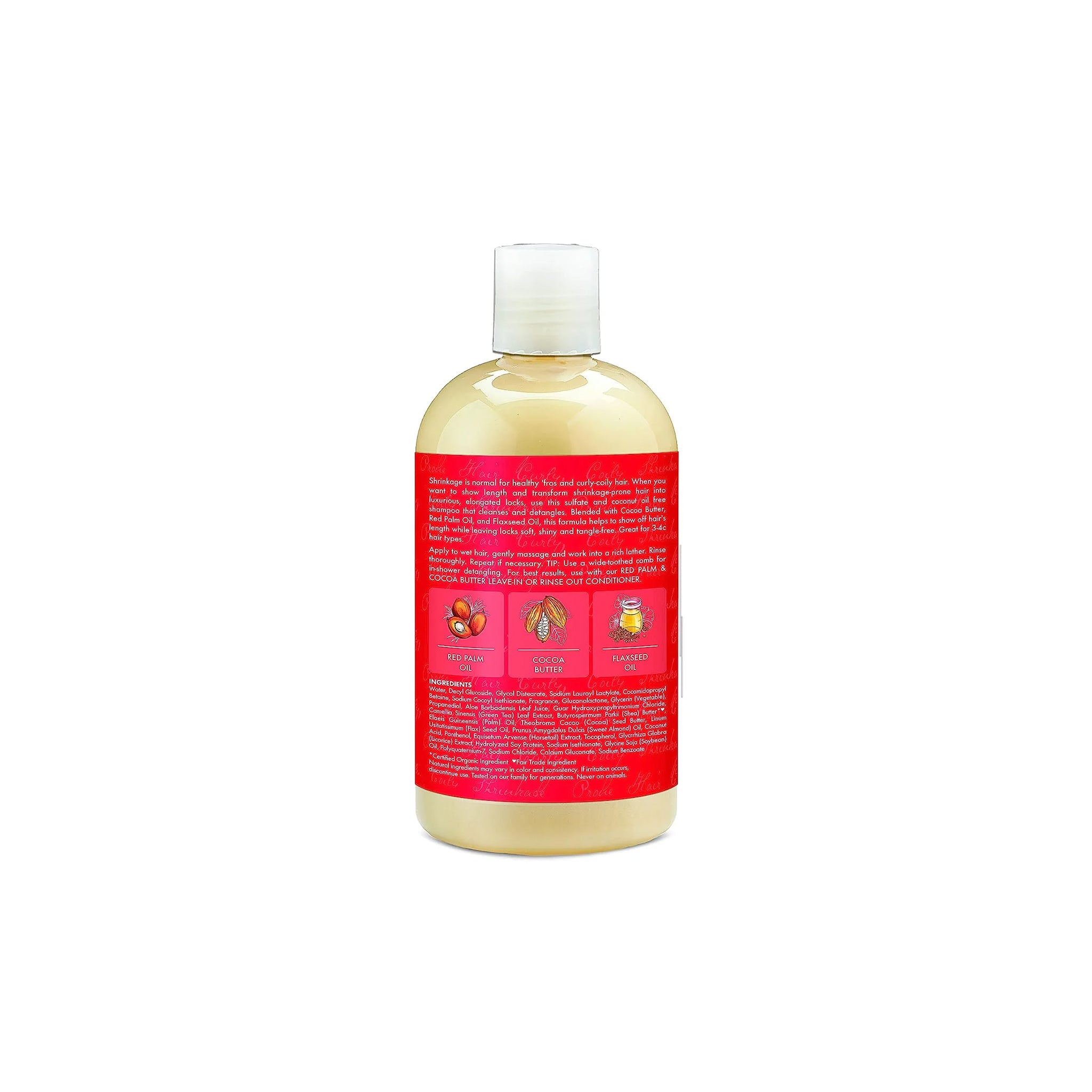 Shea Moisture Red Palm Oil & Cocoa Butter Hi-Slip Detangling Shampoo 399ml (Bagside). Billedet viser bagsiden af flasken med information om ingredienser, brugsanvisning og fordele ved denne udglattende shampoo til krøllet og krympet hår.