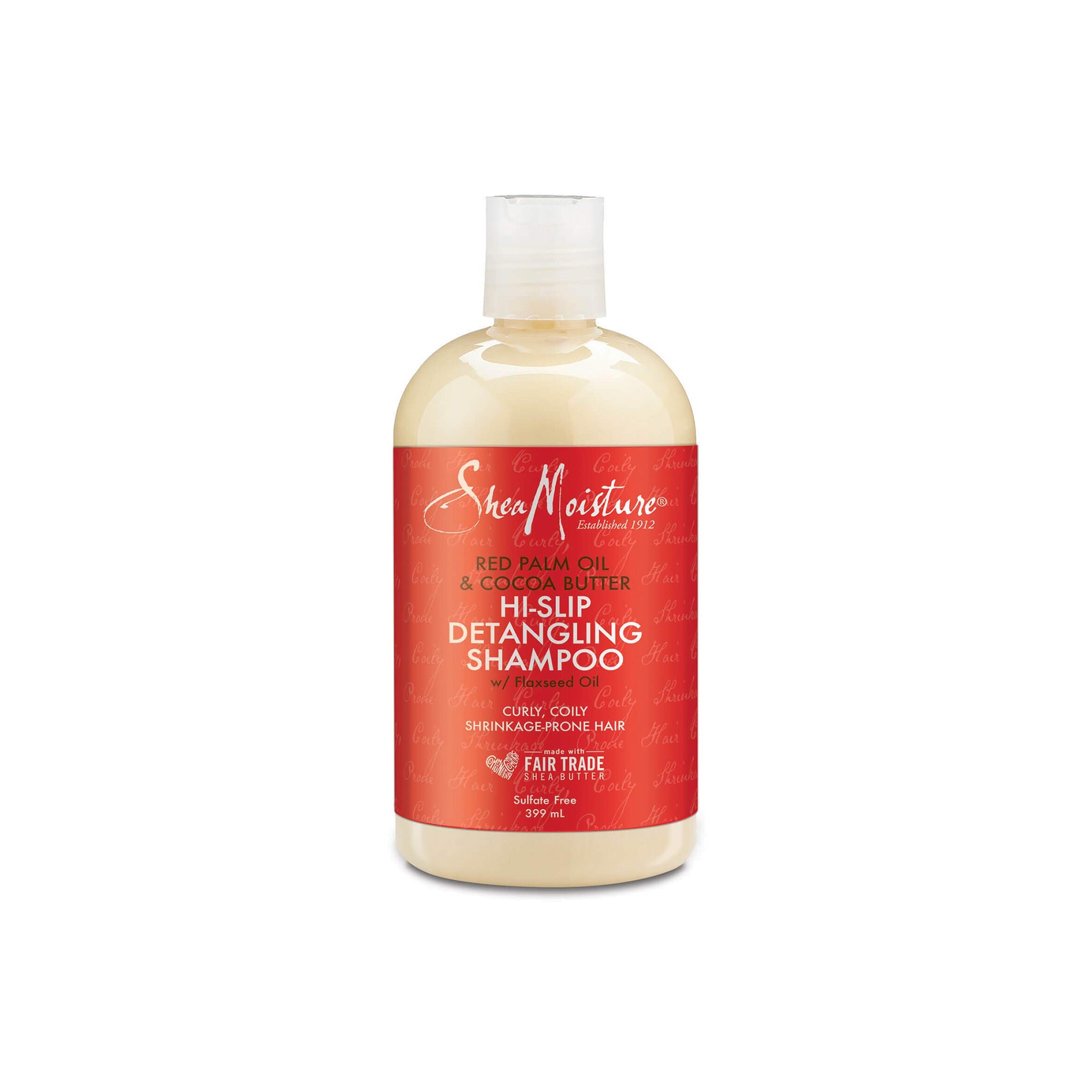 Shea Moisture Red Palm Oil & Cocoa Butter Hi-Slip Detangling Shampoo 399ml. En udglattende shampoo med rød palmeolie, kakaosmør og hørfrøolie til krøllet og krympet hår.