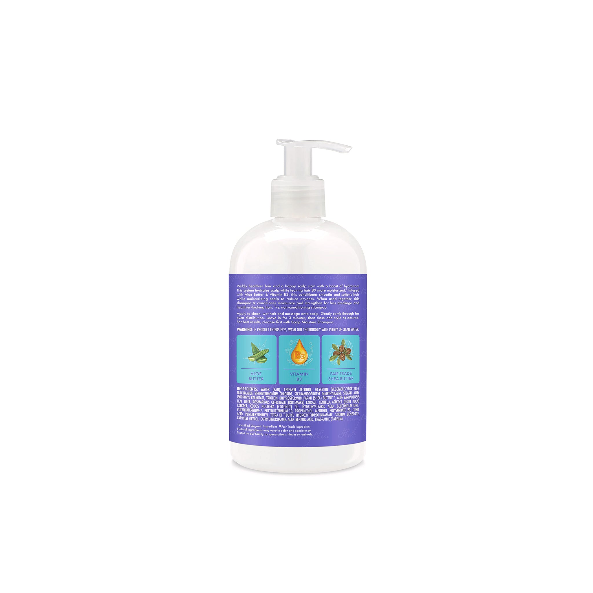 Shea Moisture Aloe Butter Scalp Moisture Conditioner 384 ml set bagfra med lilla etiket, pumpe og infografik over nøgleingredienser.
