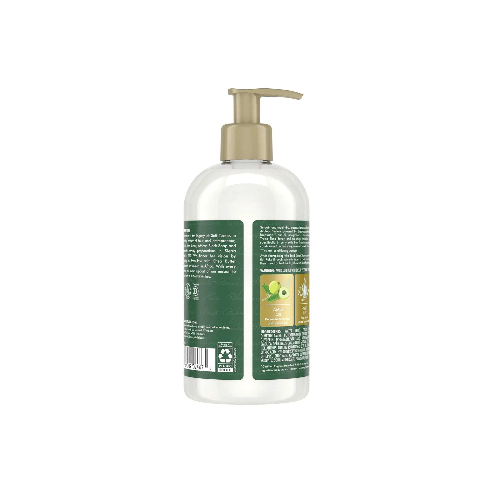 Bagside af SheaMoisture Amla Bond Repair Conditioner 384ml med grøn etiket, ingrediensliste og pumpe i gylden farve.