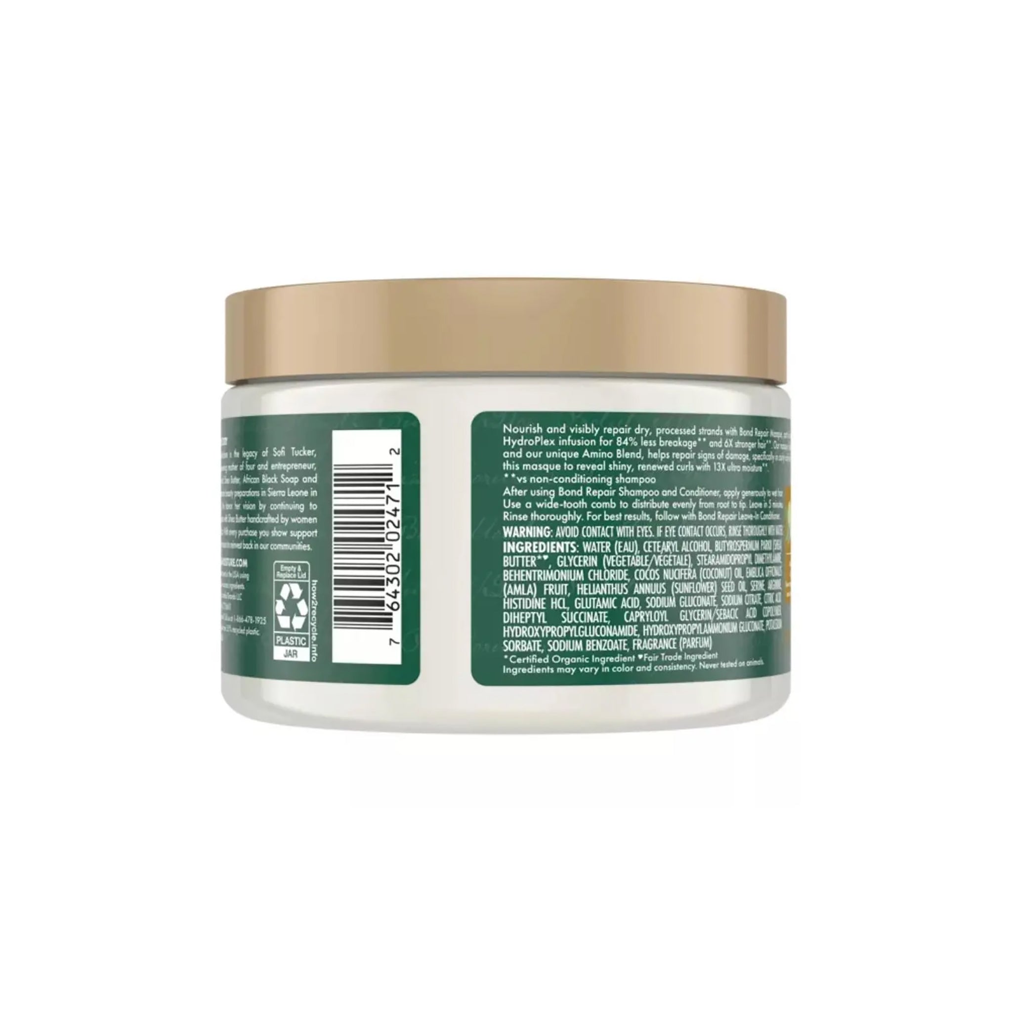 Shea Moisture Amla Bond Repair Masque 311 gr set bagfra med grøn etikette, gyldent låg og synlig ingrediensliste.