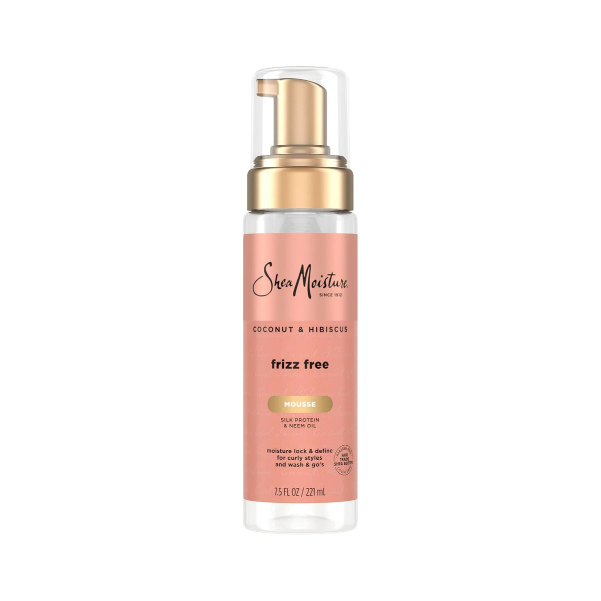 SheaMoisture Coconut & Hibiscus Frizz Free Mousse i lyserød pumpeflaske med guldlåg, 221 ml.