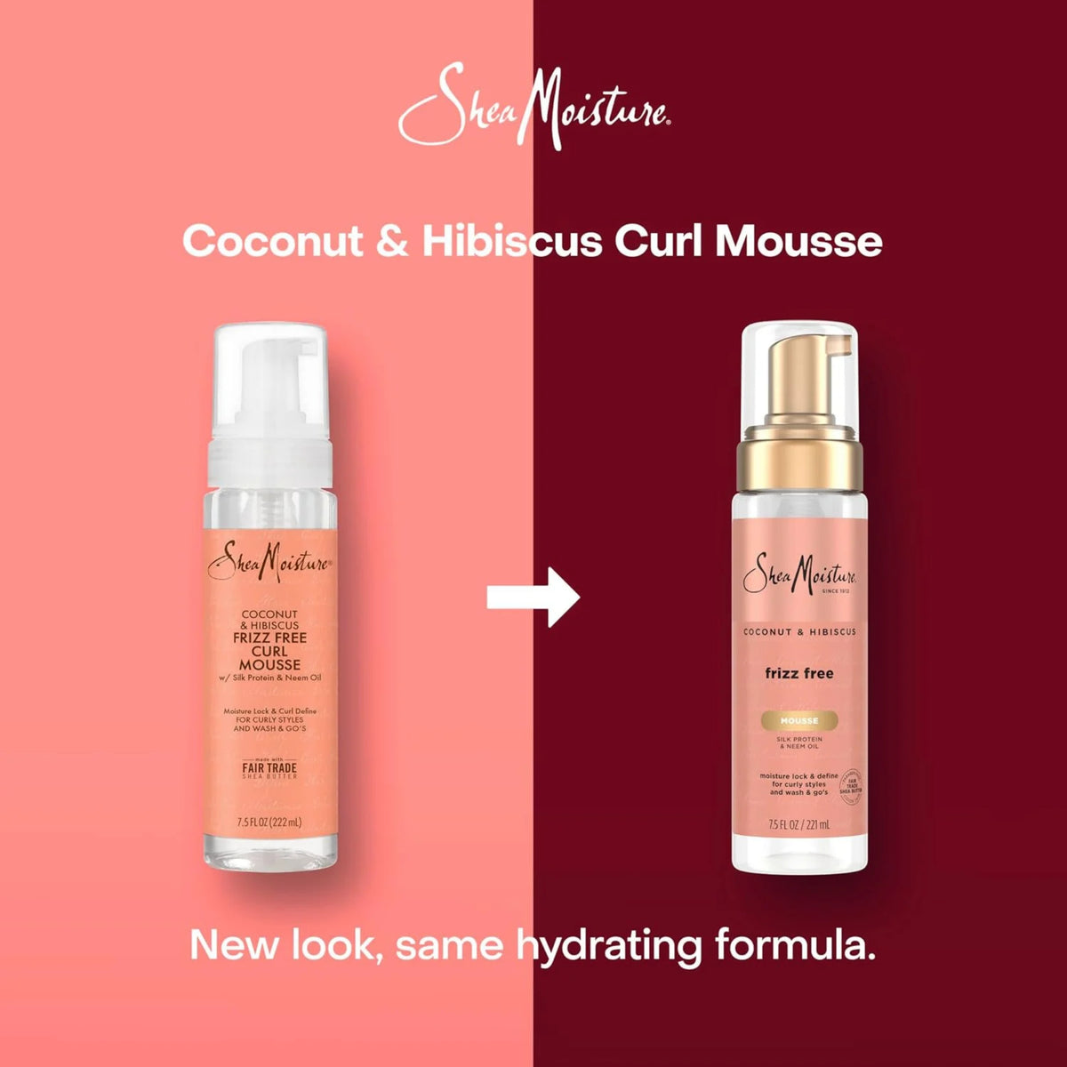 SheaMoisture Coconut & Hibiscus Curl Mousse - gammel emballage med hvid pumpe til venstre, ny guldpumpe-emballage til højre.