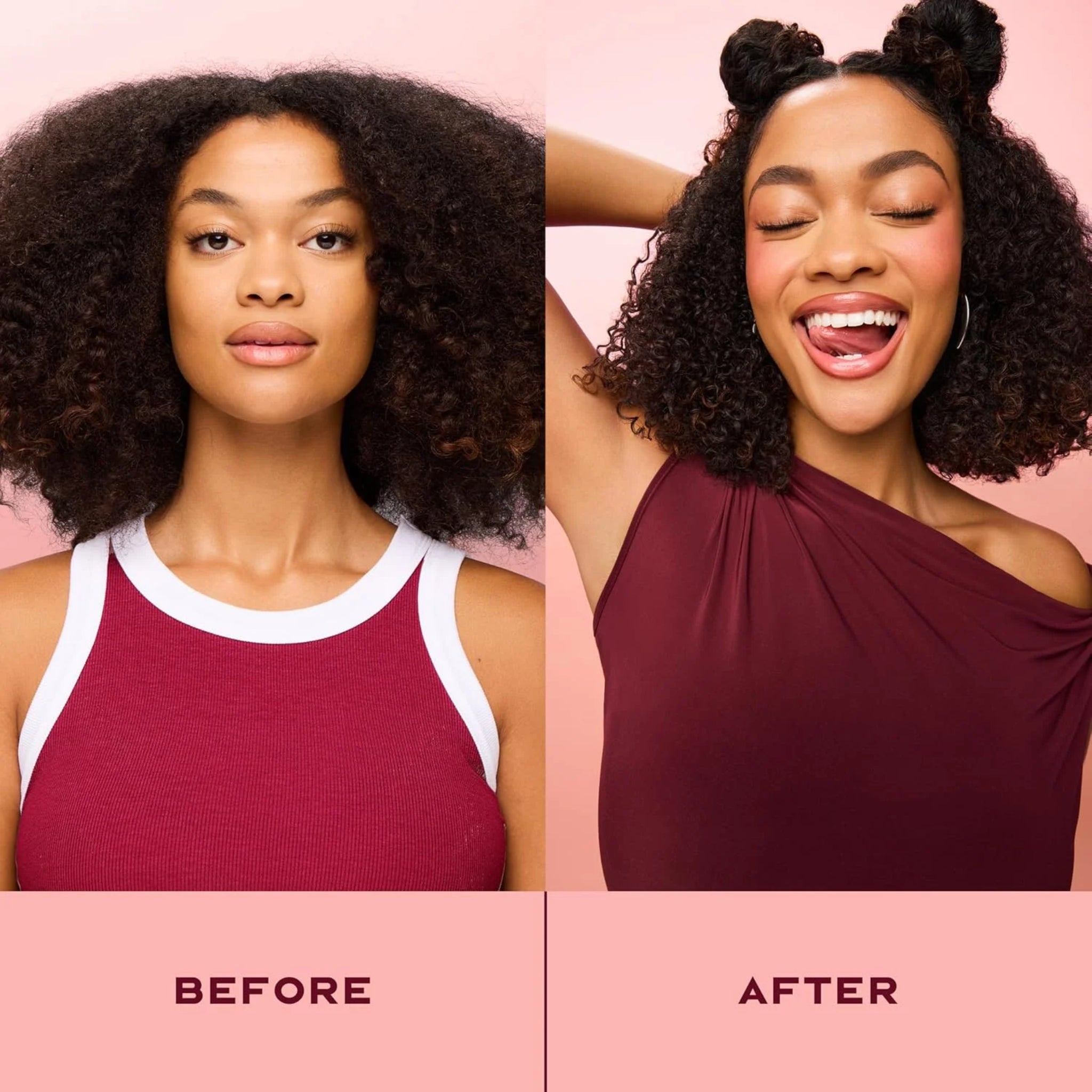 Før og efter: kvinde med naturligt afro-krøllet hår, glat makeup til farverig glam med to buns.
