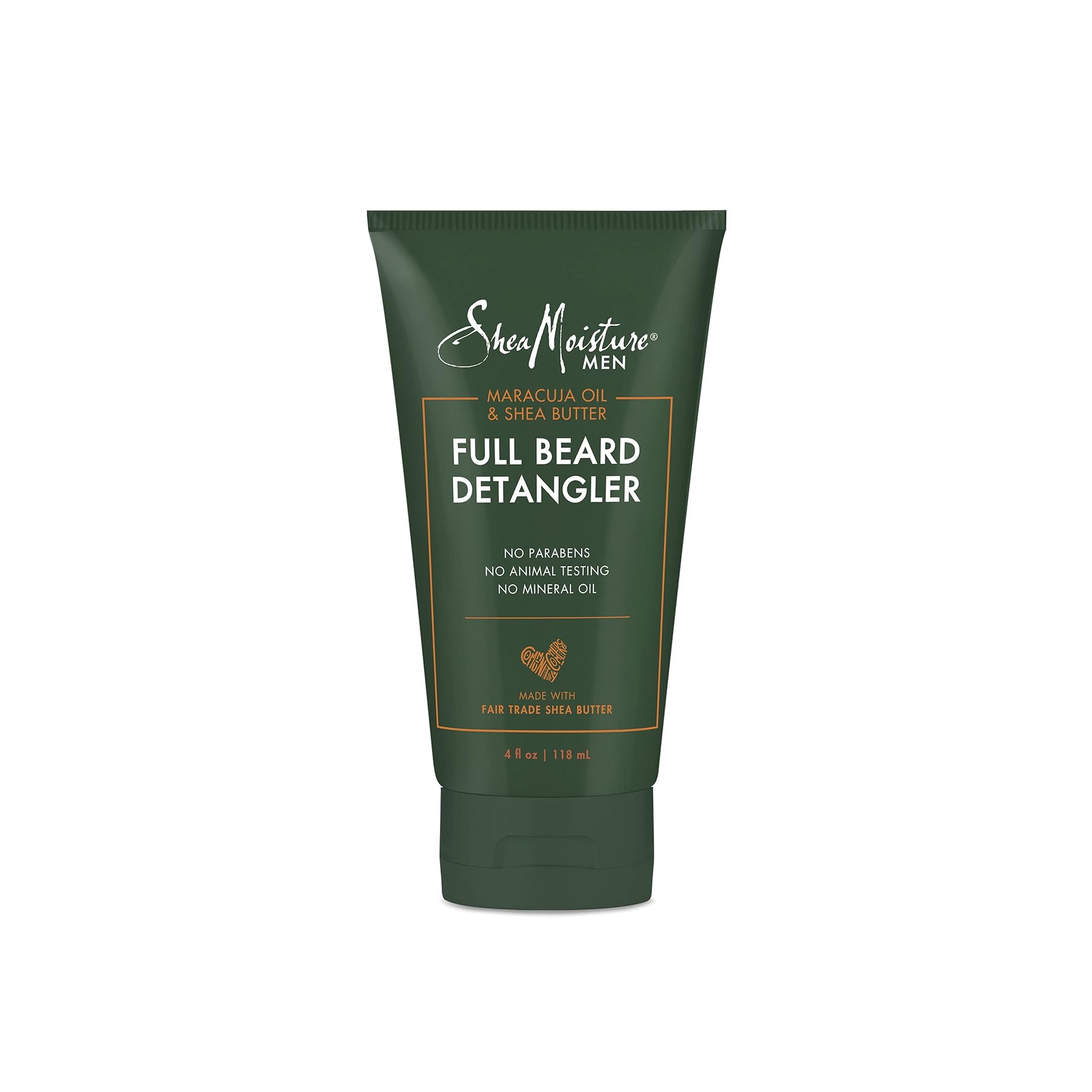 Grøn tube med Shea Moisture Men Maracuja & Shea Butter Full Beard Detangler. Produktet er mærket med logo og produktnavn.