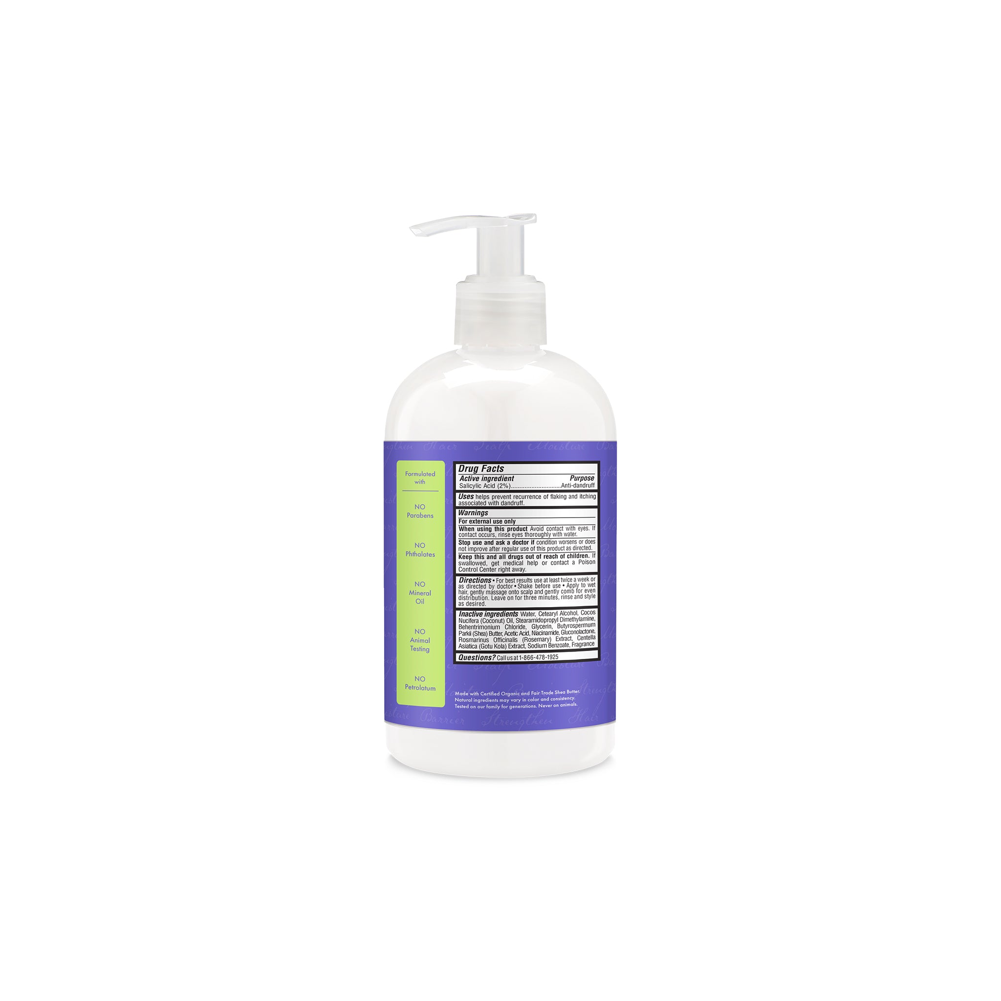 Bagsiden af SheaMoisture Apple Cider Vinegar Anti-Dandruff Conditioner i gennemsigtig pumpeflaske med lilla og grøn etiket og ingrediensoversigt, 384 ml.