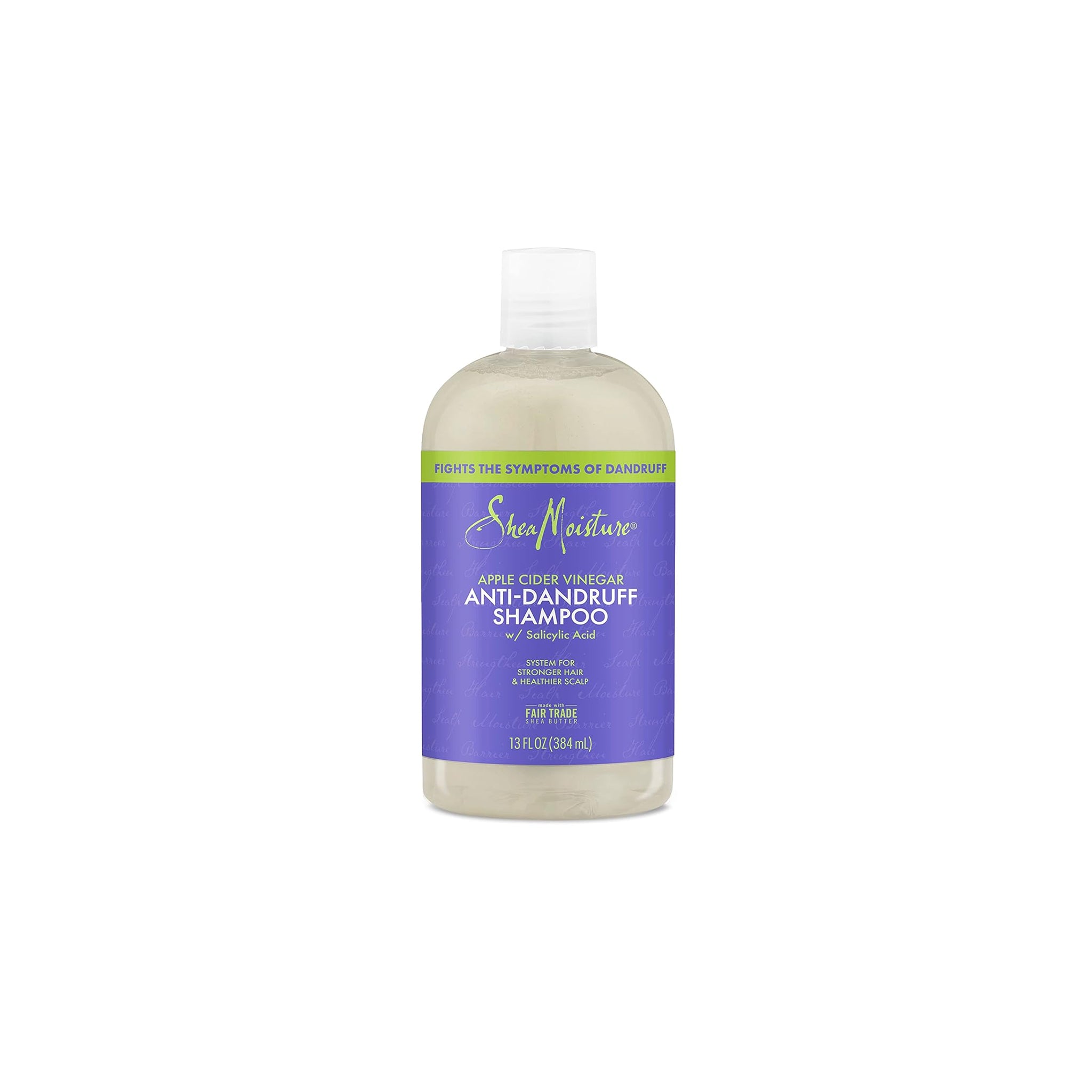 SheaMoisture Apple Cider Vinegar Anti-Dandruff Shampoo i gennemsigtig flaske med lilla og grøn etiket, 384 ml, mod skæl med salicylsyre.