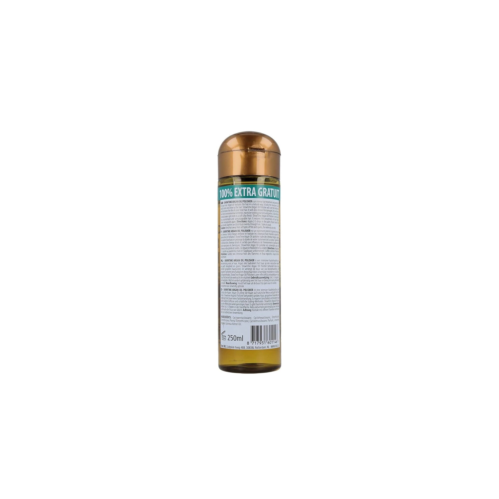 Showtime Argan Oil Hair Polisher 250ml (bagside). Visning af produktinformation og stregkode på hårpolisher med arganolie.