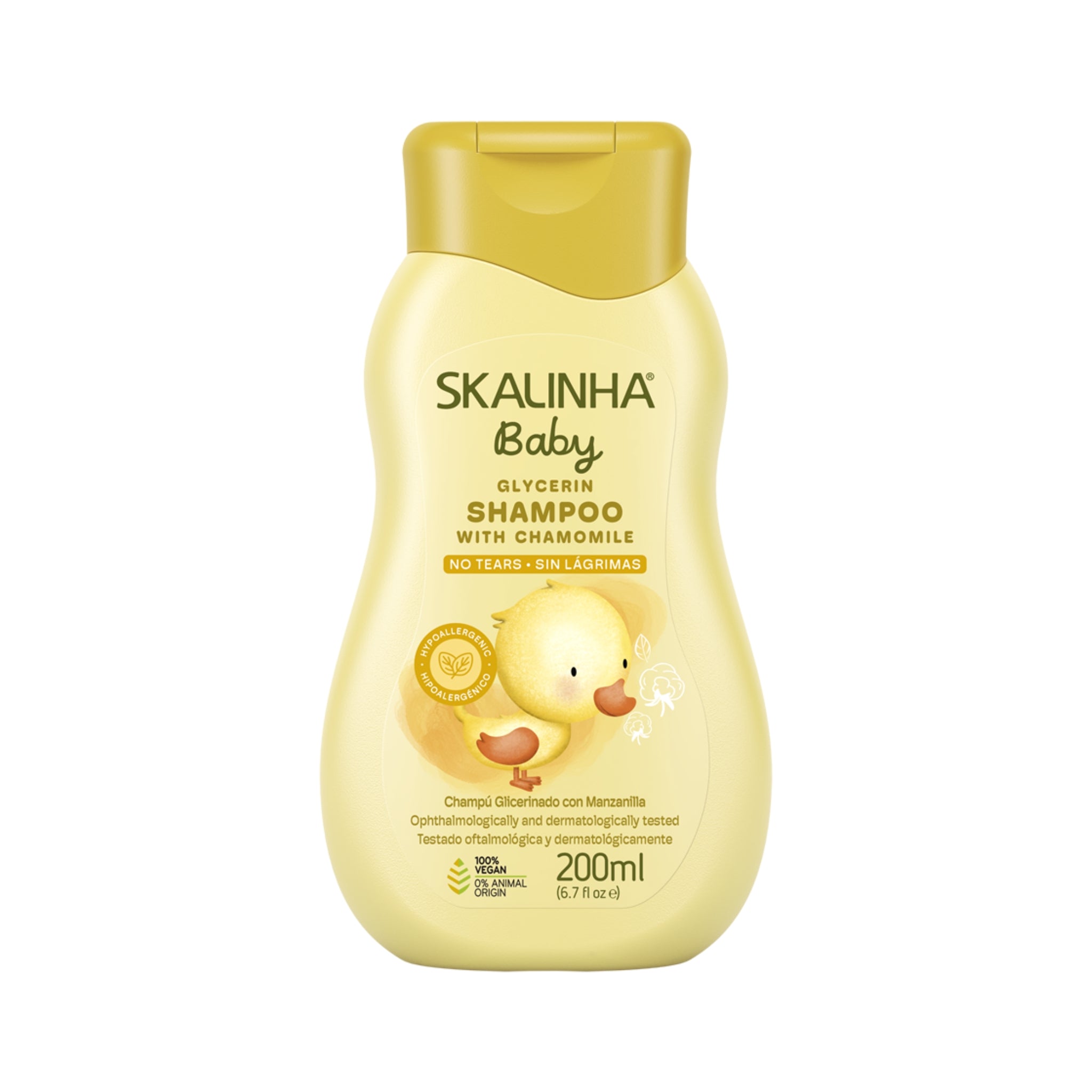Skalinha Baby glycerin shampoo med kamille i gul flaske på 200 ml med sød andunge-illustration.