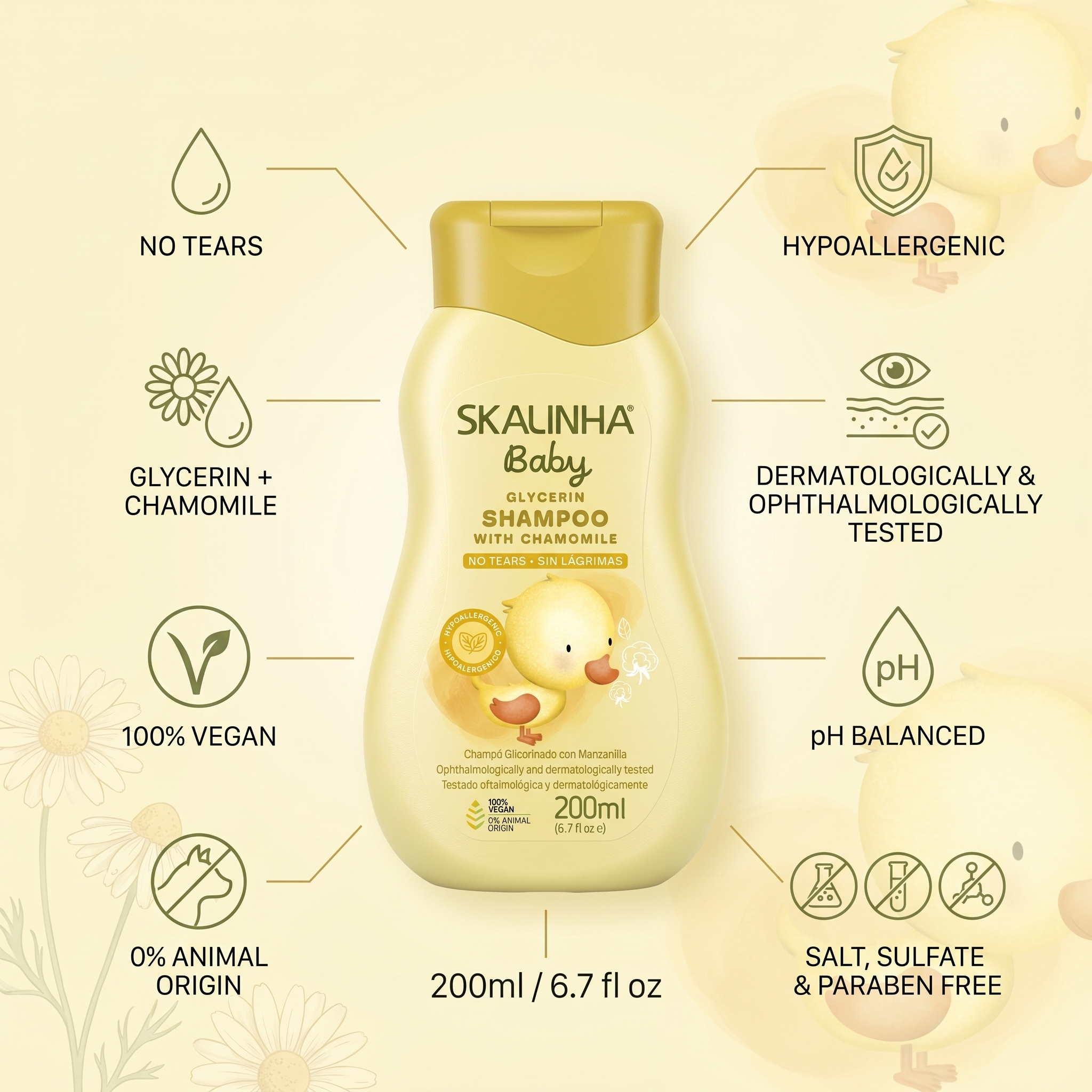 Skalinha Baby glycerin shampoo med kamille, 200 ml, hypoallergen og 100% vegansk babyshampoo uden tårer.