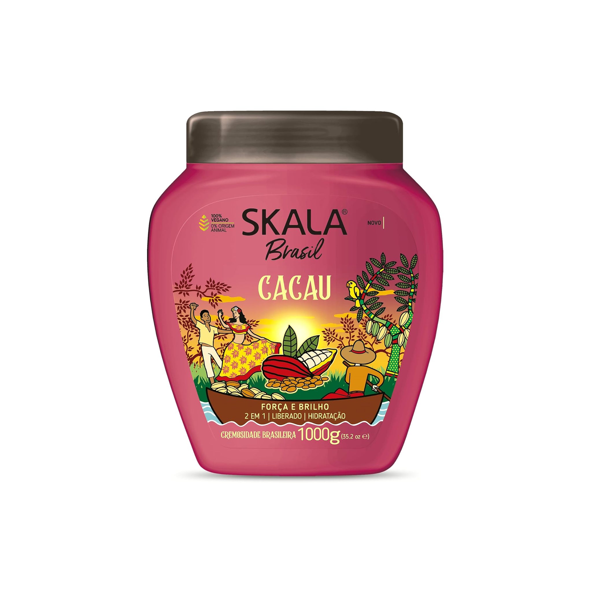 Skala Treatment Cacau 1000gr i pink bøtte med brunt låg og farverig etiket med brasiliansk kunst og kakaofrugter.
