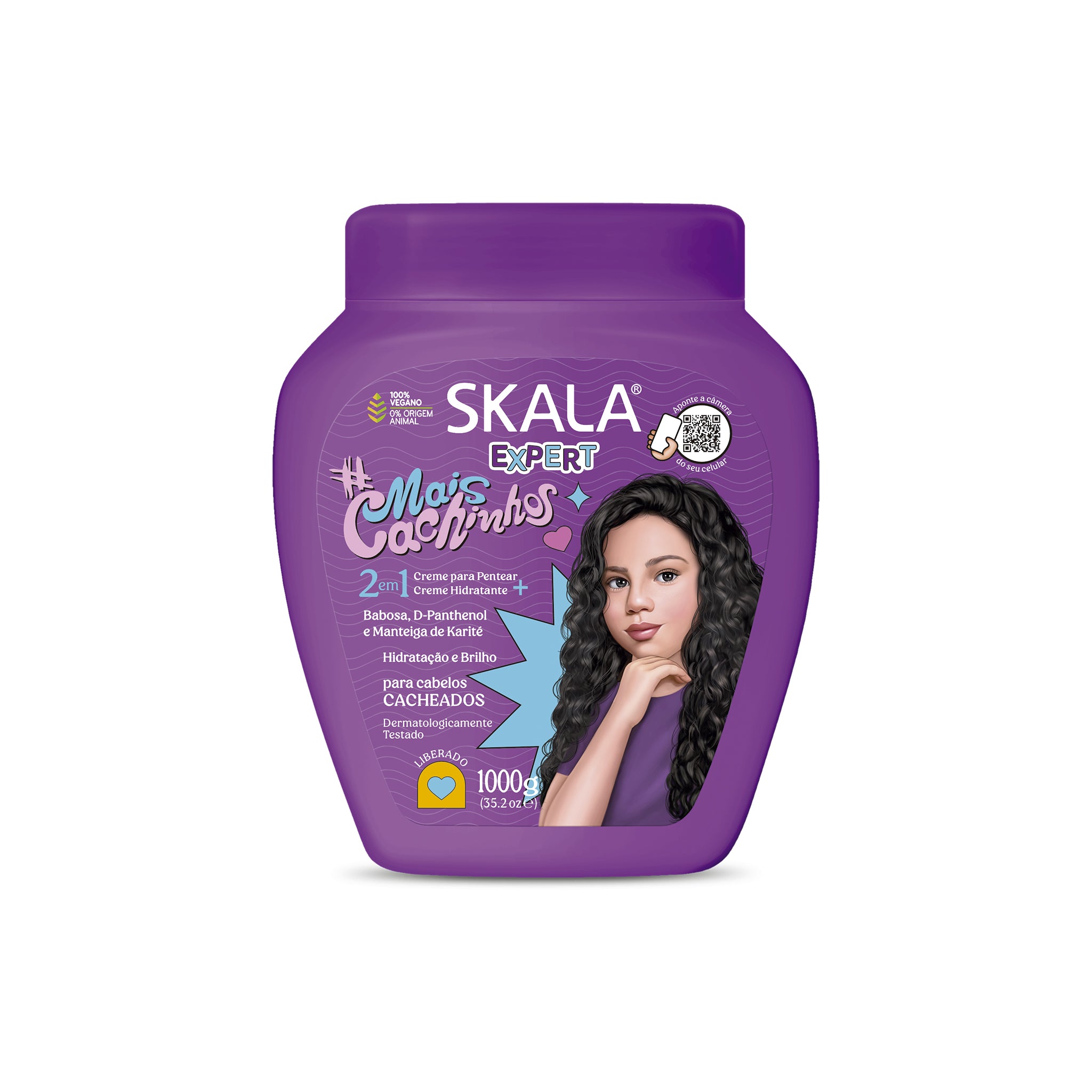 Skala Expert Mais Cachinhos 1000 gr i lilla beholder med illustration af krøllet pige og tekst på portugisisk.