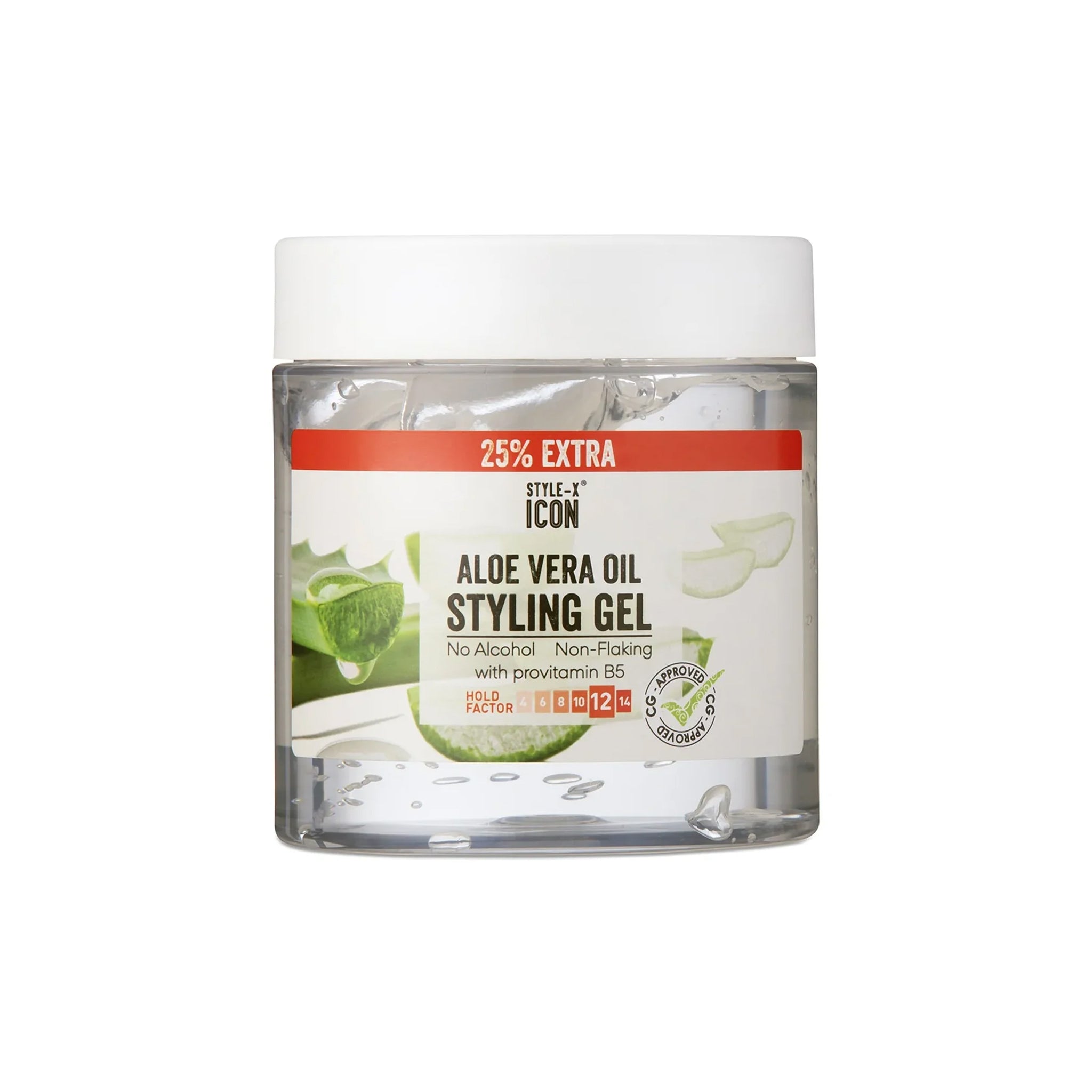 Style-X Icon Aloe Vera Styling Gel (525 ml). Billedet viser en beholder med Style-X Icon Aloe Vera Styling Gel, som er uden alkohol, ikke-flager og indeholder provitamin B5.