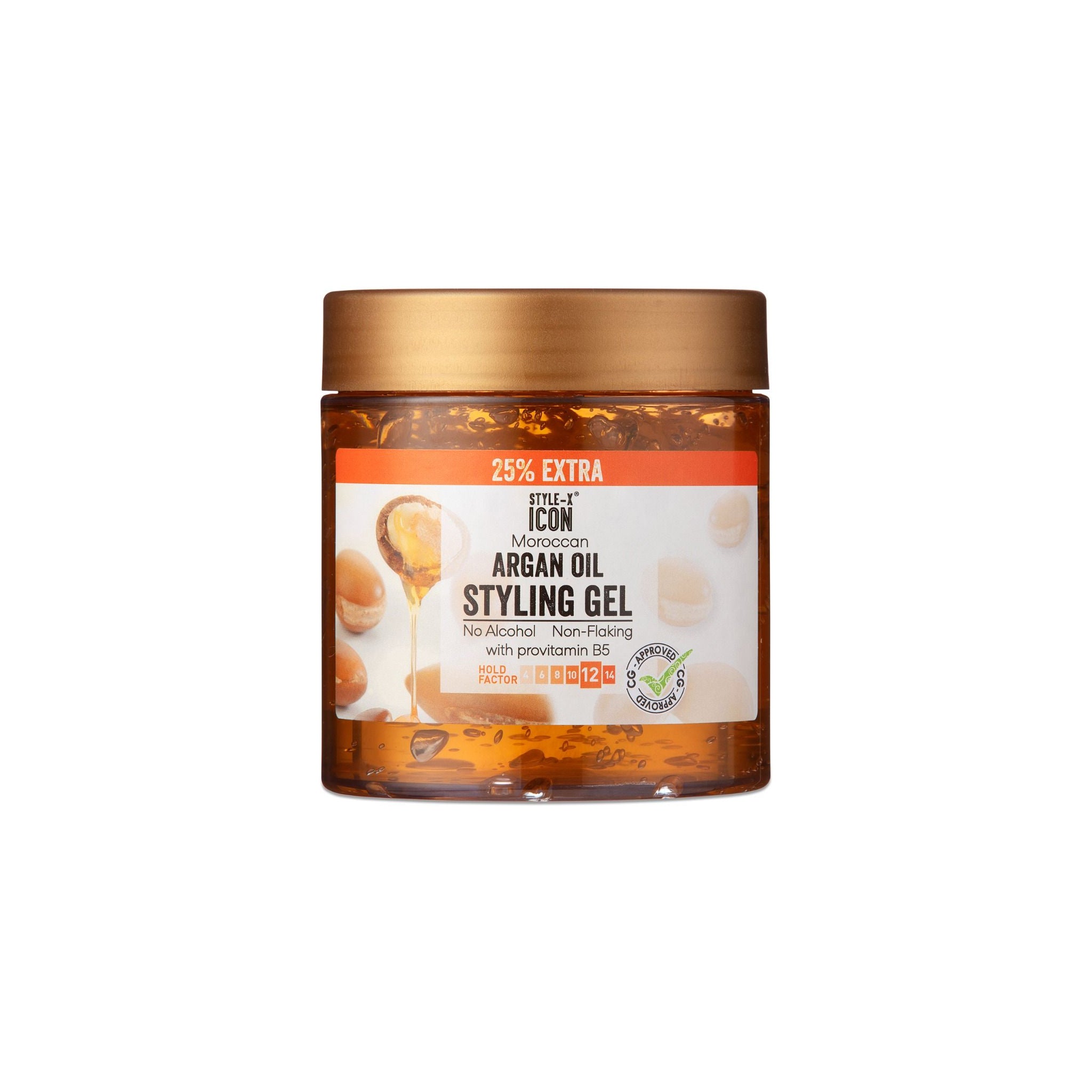 Style-X Icon Moroccan Arganolie Styling Gel (525 ml). Billedet viser en beholder med Style-X Icon Moroccan Arganolie Styling Gel, som er uden alkohol, ikke-flager og indeholder provitamin B5.