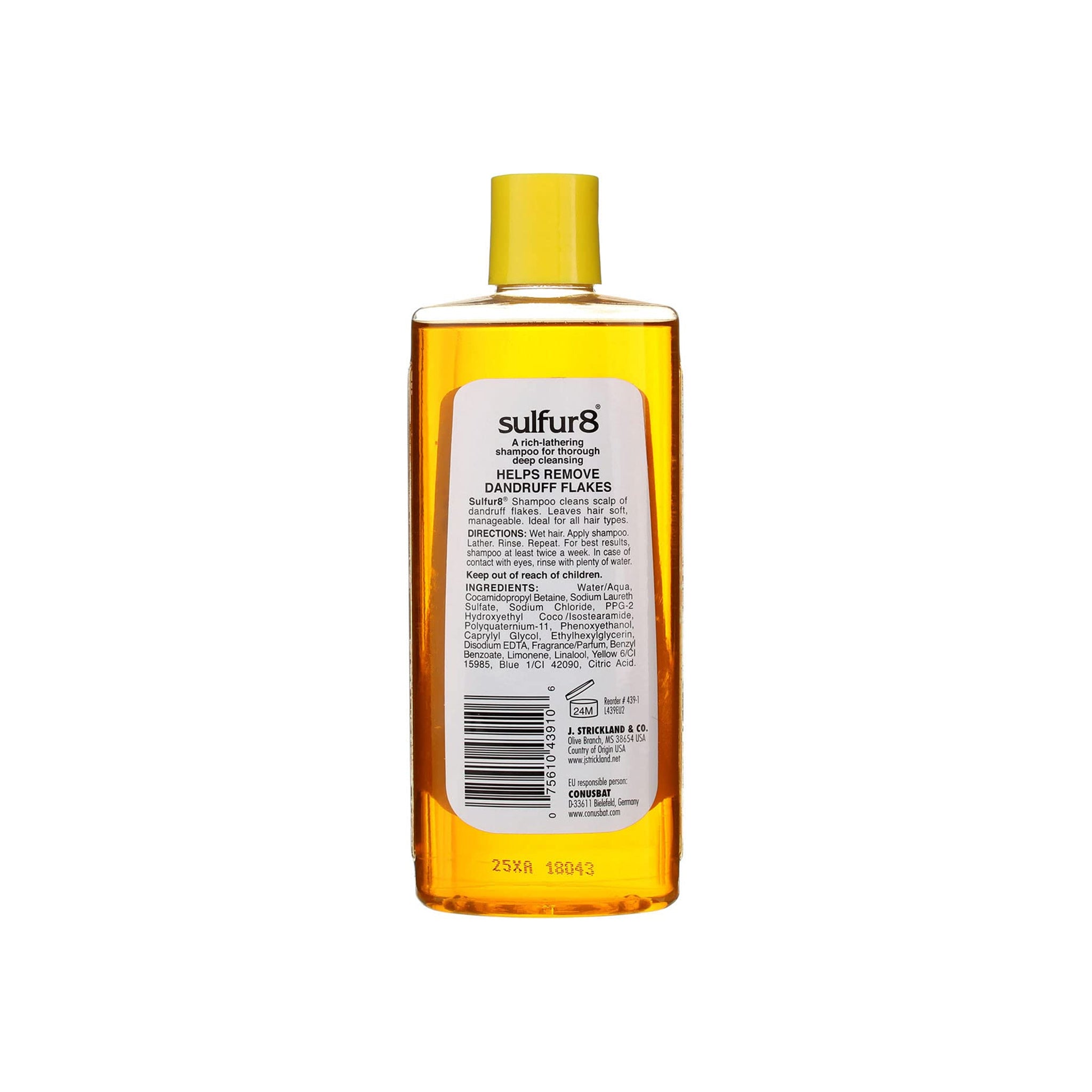 Sulfur8 Shampoo (222 ml). Billedet viser bagsiden af en 222 ml flaske Sulfur8 Shampoo. Etiketten indeholder ingredienser, brugsanvisning, producentoplysninger (J. Strickland & Co.) og information om skælbekæmpelse.