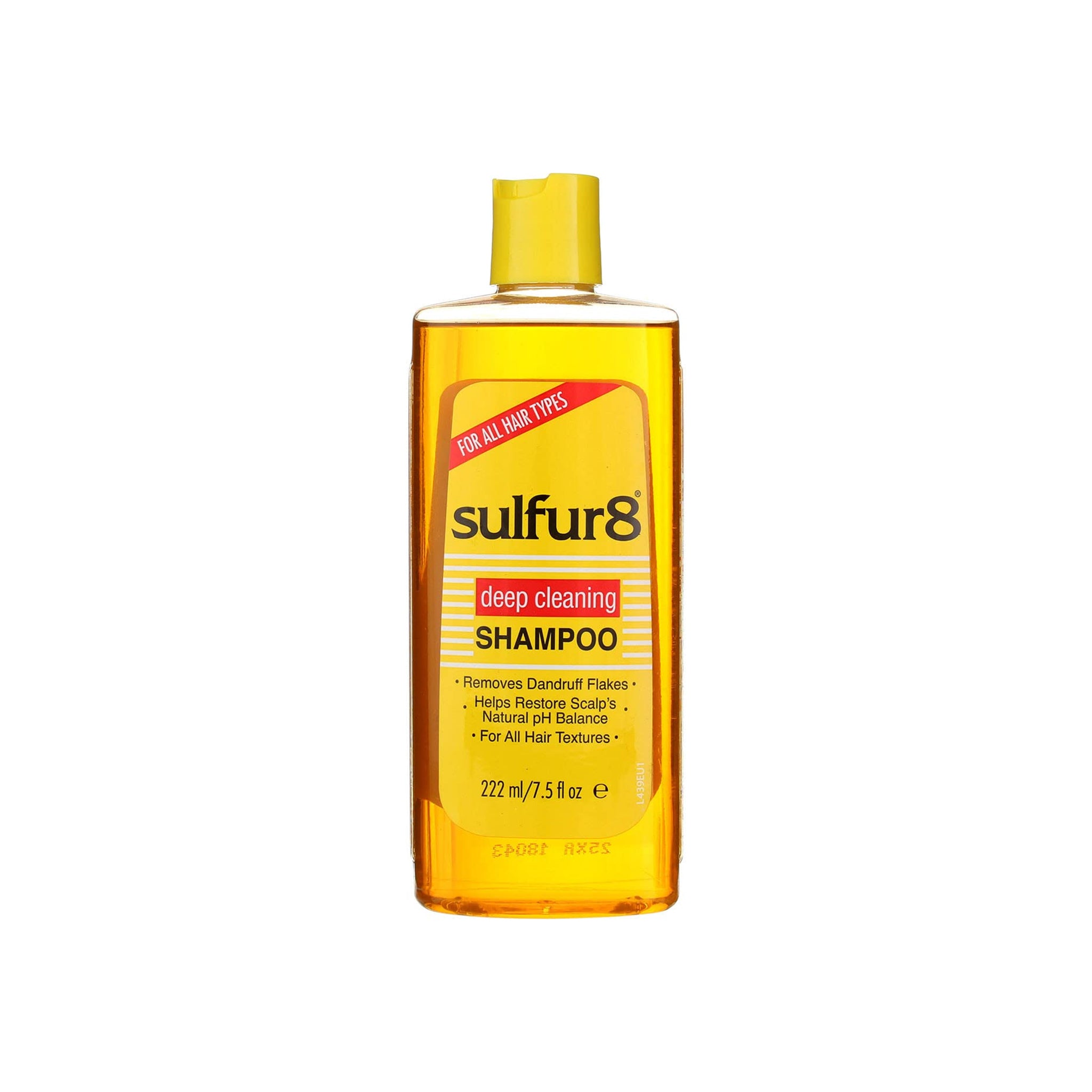 Sulfur8 Deep Cleaning Shampoo (222 ml). Billedet viser forsiden af en flaske Sulfur8 Deep Cleaning Shampoo. Shampooen fjerner skæl og hjælper med at genoprette hovedbundens naturlige pH-balance. Velegnet til alle hårtyper.