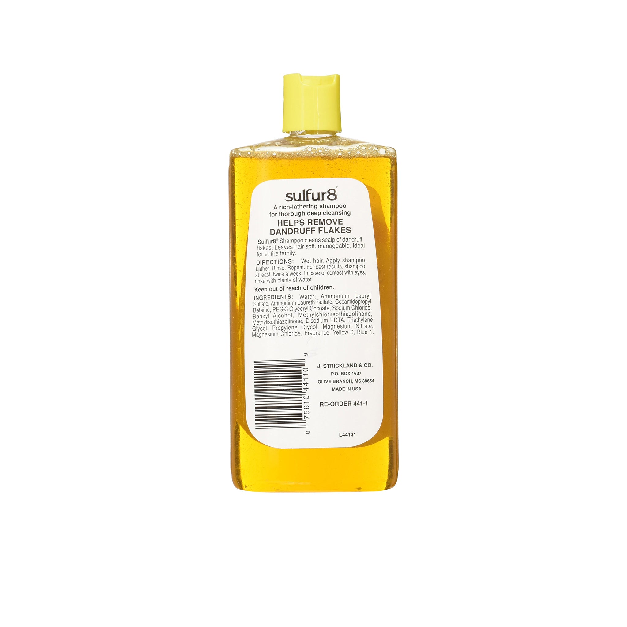Sulfur8 Shampoo (340 ml). Billedet viser bagsiden af en 340 ml flaske Sulfur8 Shampoo. Etiketten indeholder ingredienser, brugsanvisning, producentoplysninger (J. Strickland & Co.) og information om, hvordan shampooen hjælper med at fjerne skæl.