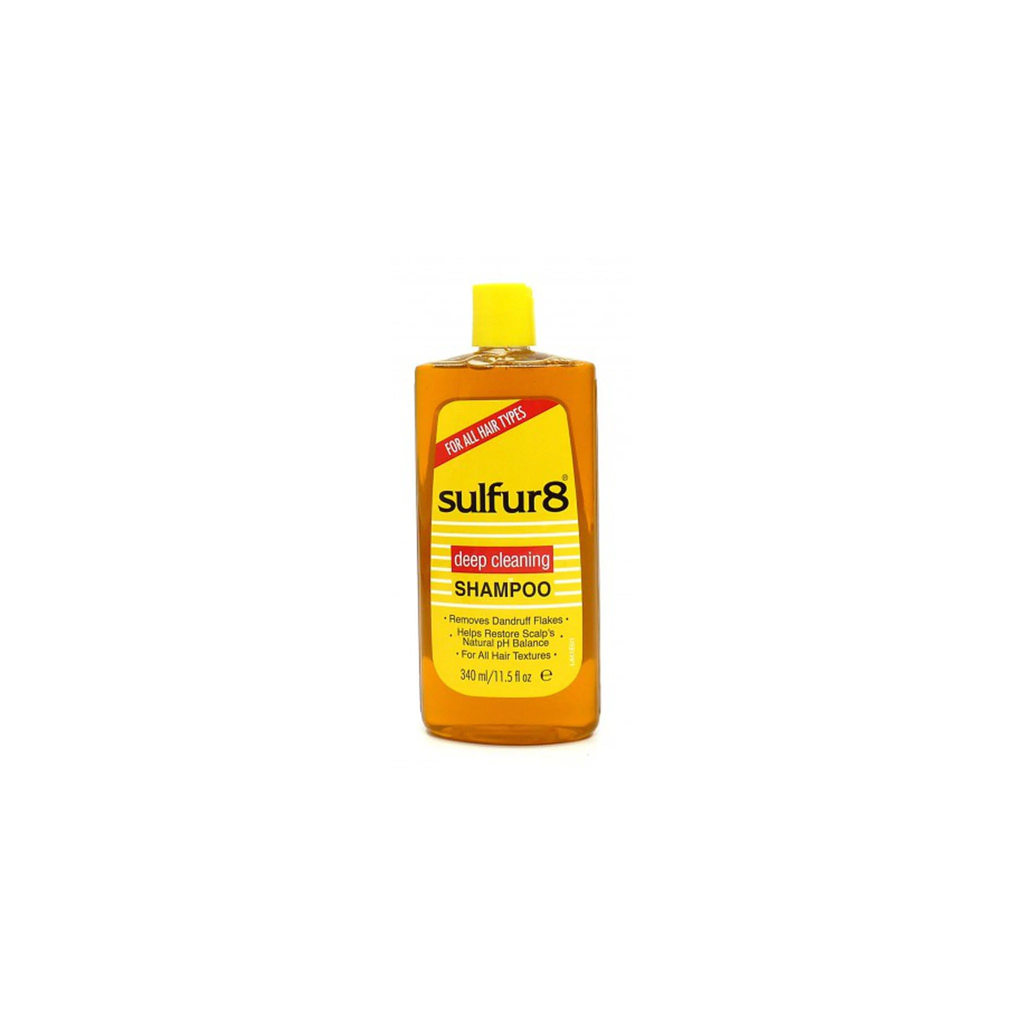 Sulfur8 Deep Cleaning Shampoo (340 ml). Billedet viser forsiden af en flaske Sulfur8 Deep Cleaning Shampoo. Shampooen fjerner skæl og hjælper med at genoprette hovedbundens naturlige pH-balance. Velegnet til alle hårtyper.