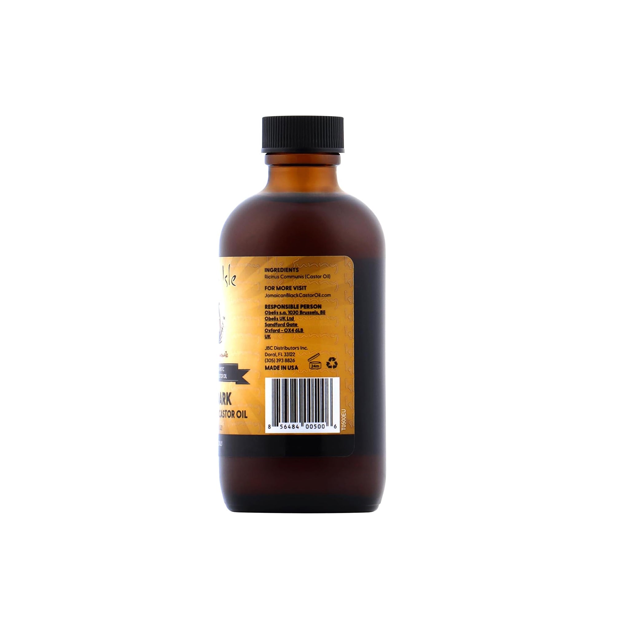 Sunny Isle Ekstra Mørk Jamaicansk Sort Ricinusolie (118 ml). Bagsiden af flasken viser ingredienser, kontaktoplysninger og "Made in USA".