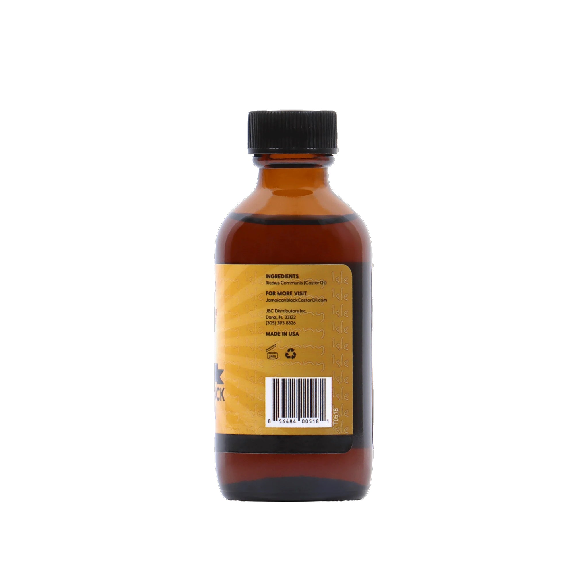 Sunny Isle Jamaican Black Castor Oil (59 ml). Billedet viser bagsiden af en 59 ml flaske Sunny Isle Jamaican Black Castor Oil. Etiketten indeholder en ingrediensliste.