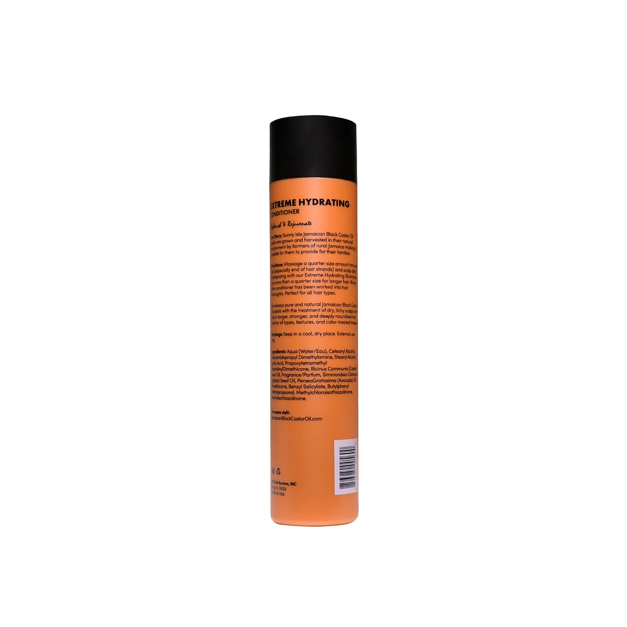 Sunny Isle Jamaican Black Castor Oil Extreme Hydrating Conditioner (298 ml). Bagsiden af flasken beskriver produktets historie, brugsanvisning og indeholder en liste over ingredienser som jamaicansk sort ricinusolie, panthenol og hydrolyseret hvedeprotein.