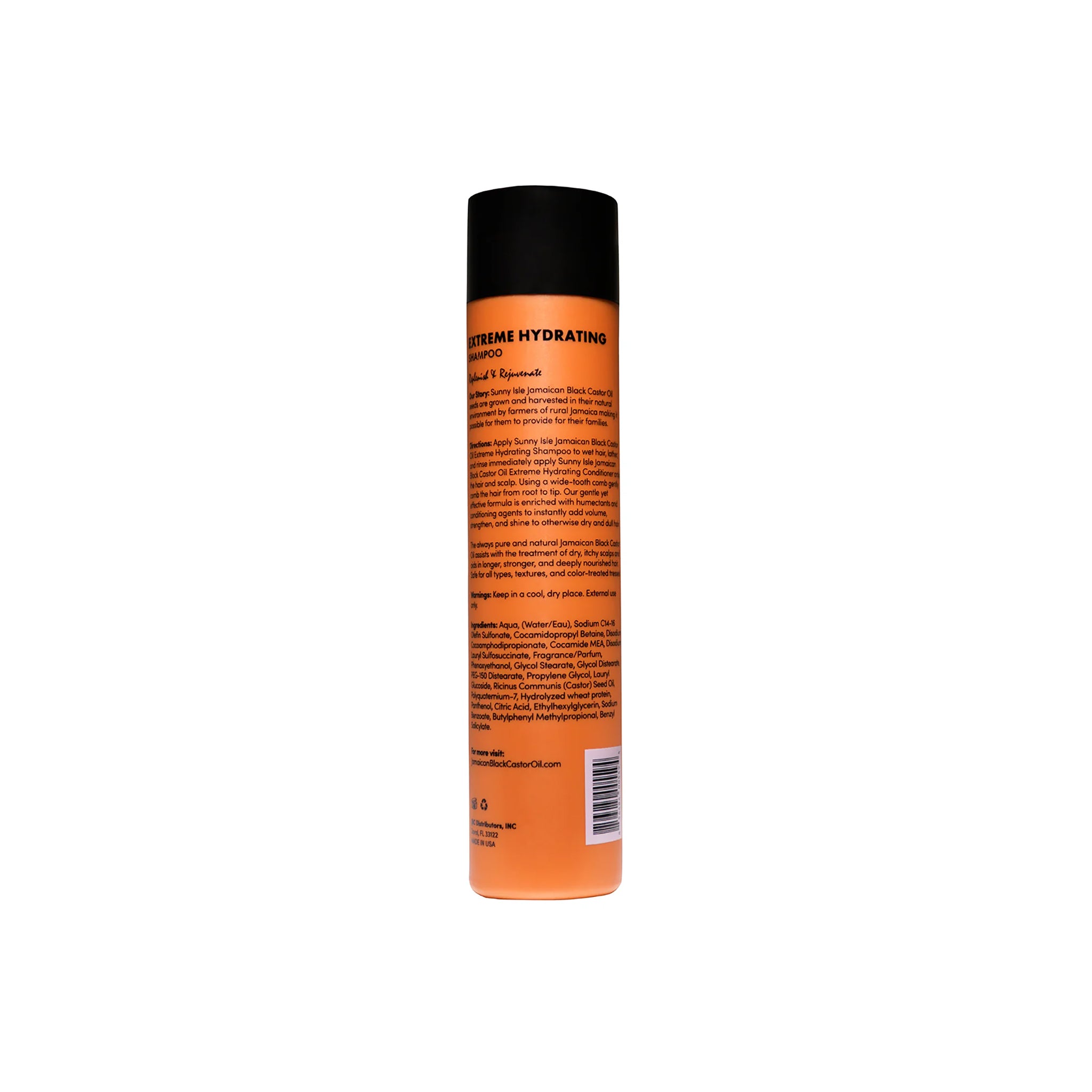 Sunny Isle Jamaican Black Castor Oil Extreme Hydrating Shampoo (298 ml). Bagsiden af flasken viser ingrediensliste og brugsanvisning.