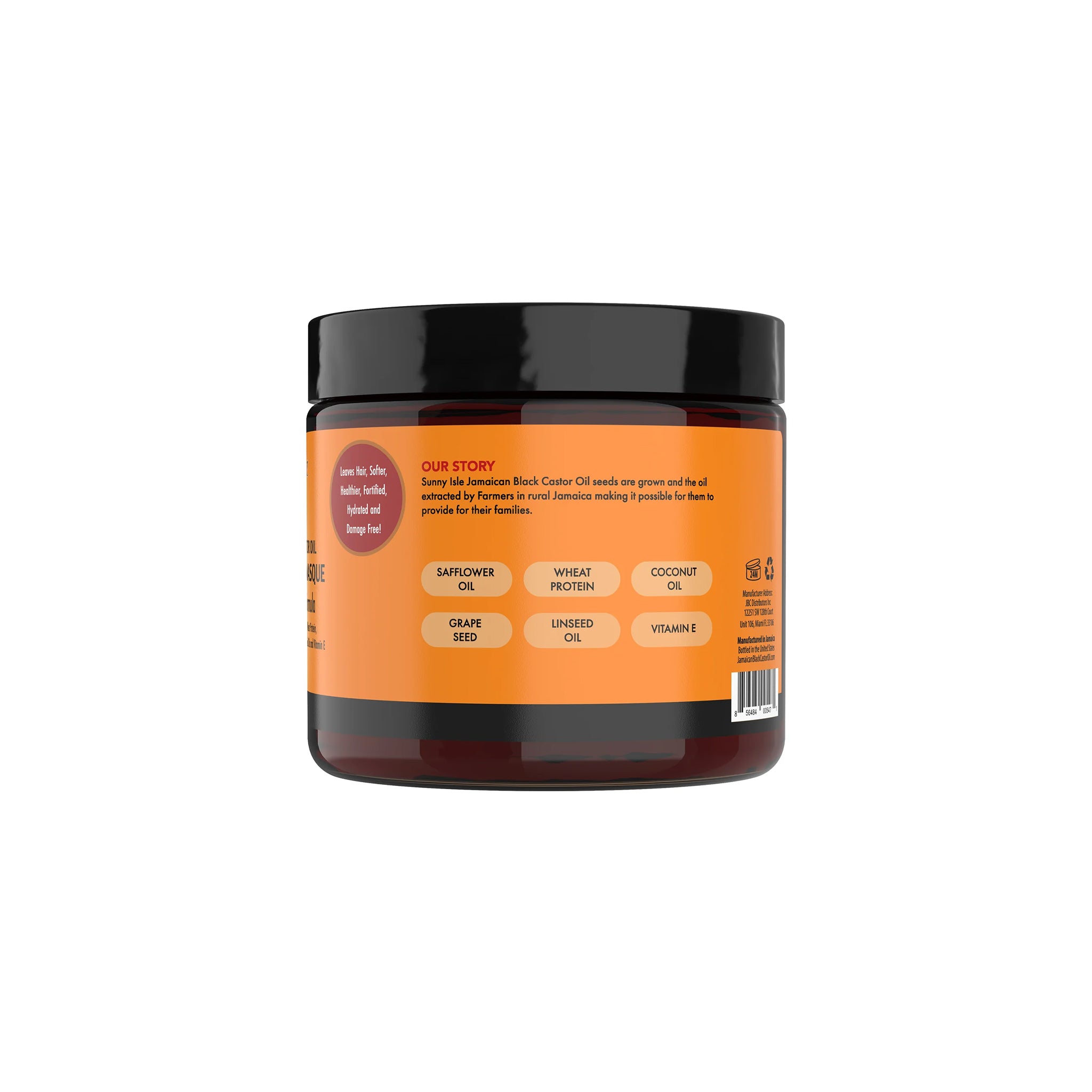 Sunny Isle Jamaican Black Castor Oil Intensive Repair Masque (16 fl oz). Bagsiden af dåse i plast der viser ingredienser som saflorolie, hvedeprotein, kokosolie, vindruekerneolie, linfrøolie og E-vitamin, samt en kort beskrivelse af Sunny Isles historie og deres samarbejde med jamaicanske landmænd.