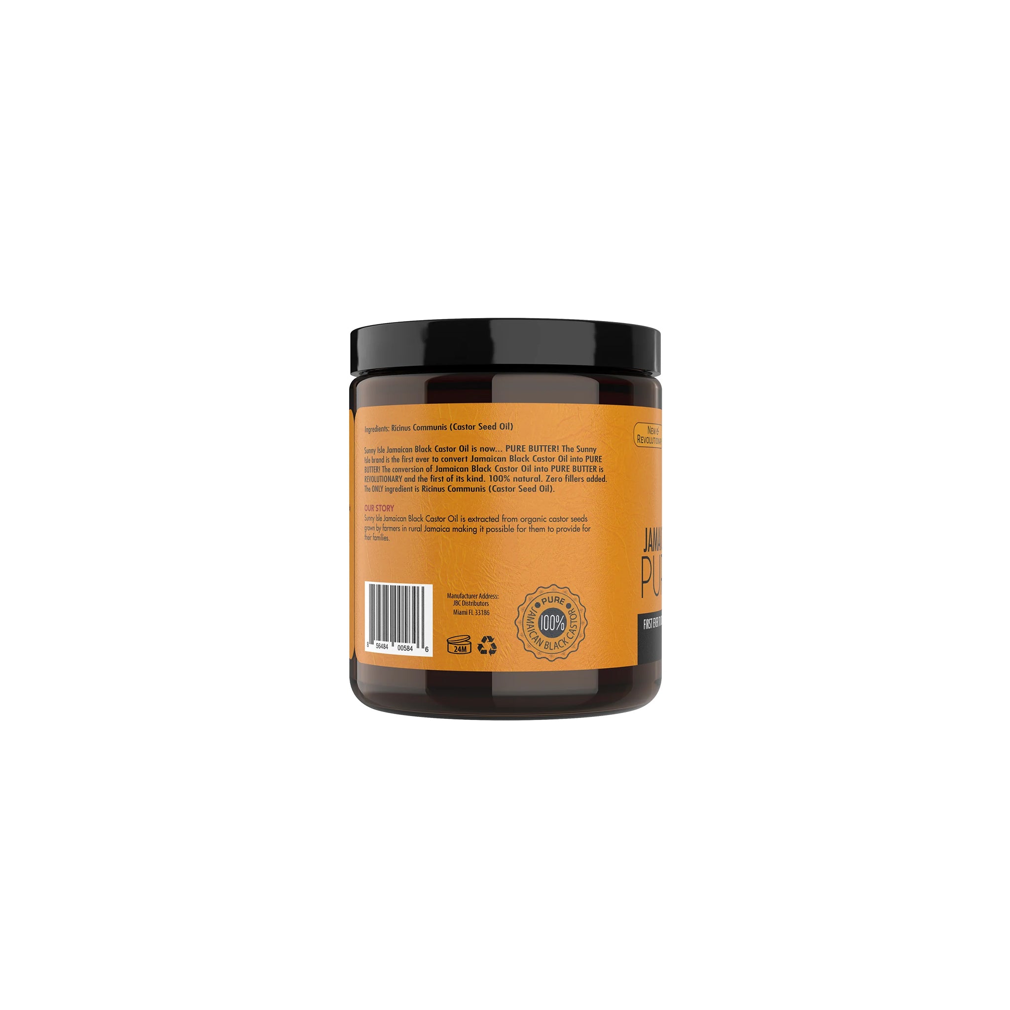 Sunny Isle Jamaican Black Castor Oil Pure Butter (118 ml). Bagside af dåse i plast med information om produktet, herunder markedsføringen som "First ever to convert Jamaican Black Castor Oil into PURE BUTTER", ingrediensliste (Ricinus Communis (Castor Seed Oil)), brugsanvisning og oplysninger om anvendelse på hår og hud.