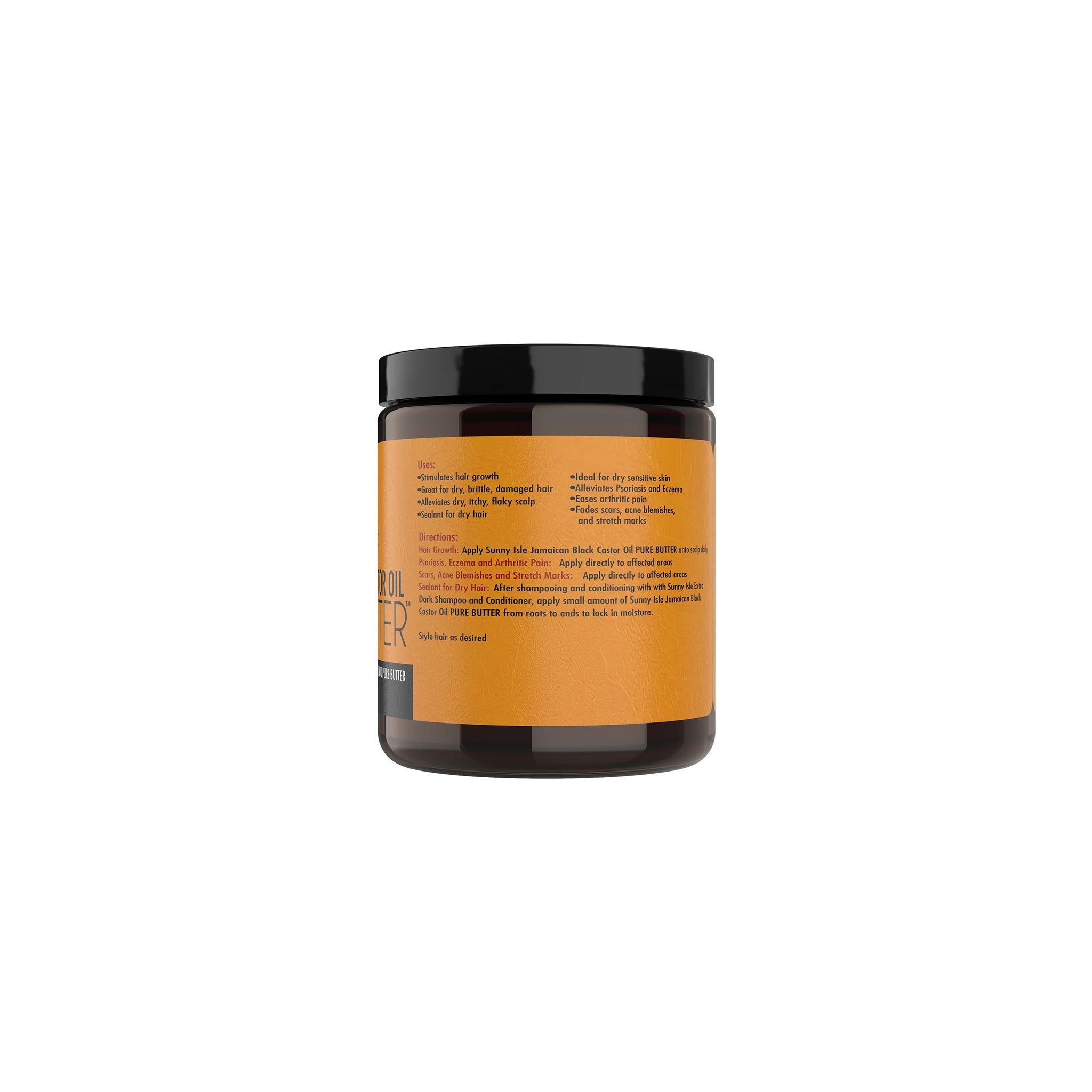 Sunny Isle Jamaican Black Castor Oil Pure Butter (118 ml). Bagside af krukken med brugsanvisning, ingrediensliste og information om anvendelse på hår og hud.