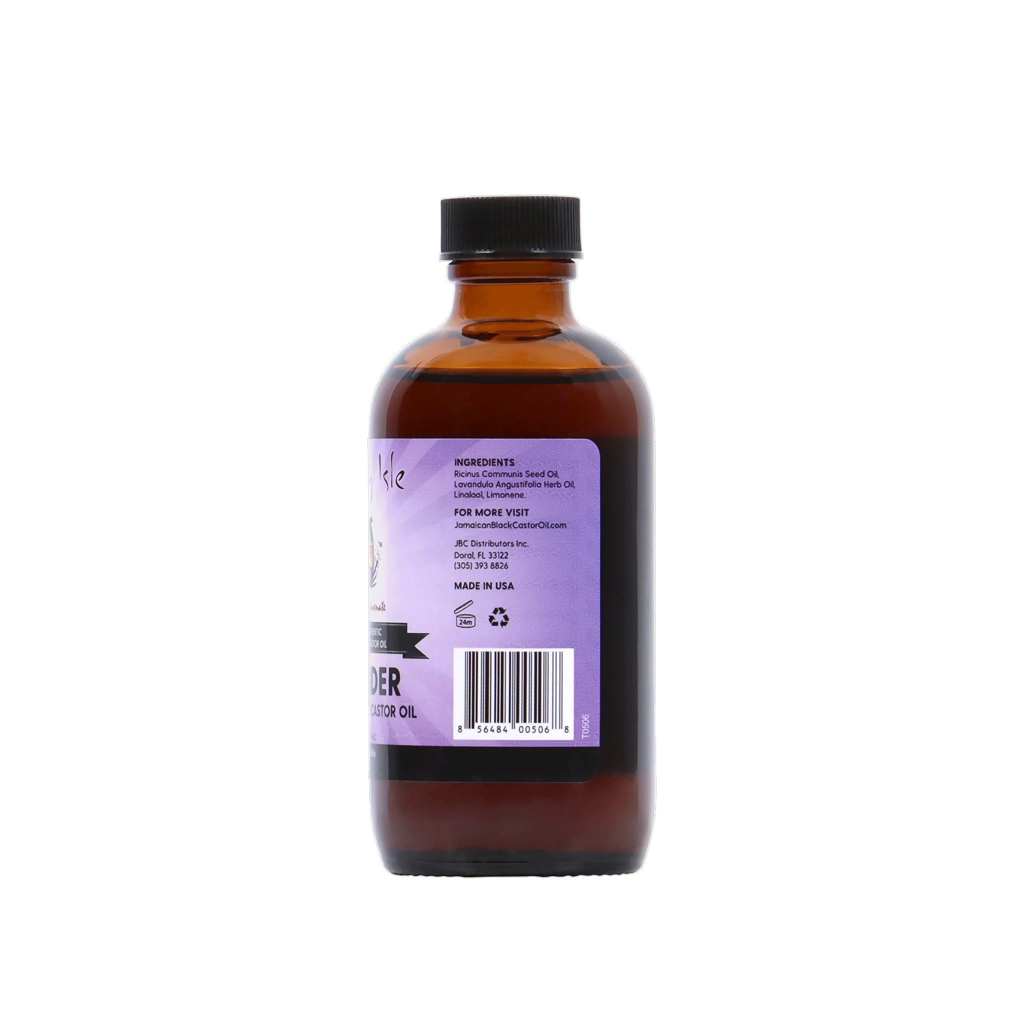 Sunny Isle Lavender Jamaican Black Castor Oil (118 ml). Bagside af flasken med ingrediensliste (Ricinus Communis Seed Oil, Lavandula Angustifolia Herb Oil, Linalool, Limonene), producentinformation, hjemmeside (JamaicanBlackCastorOil.com) og stregkode.