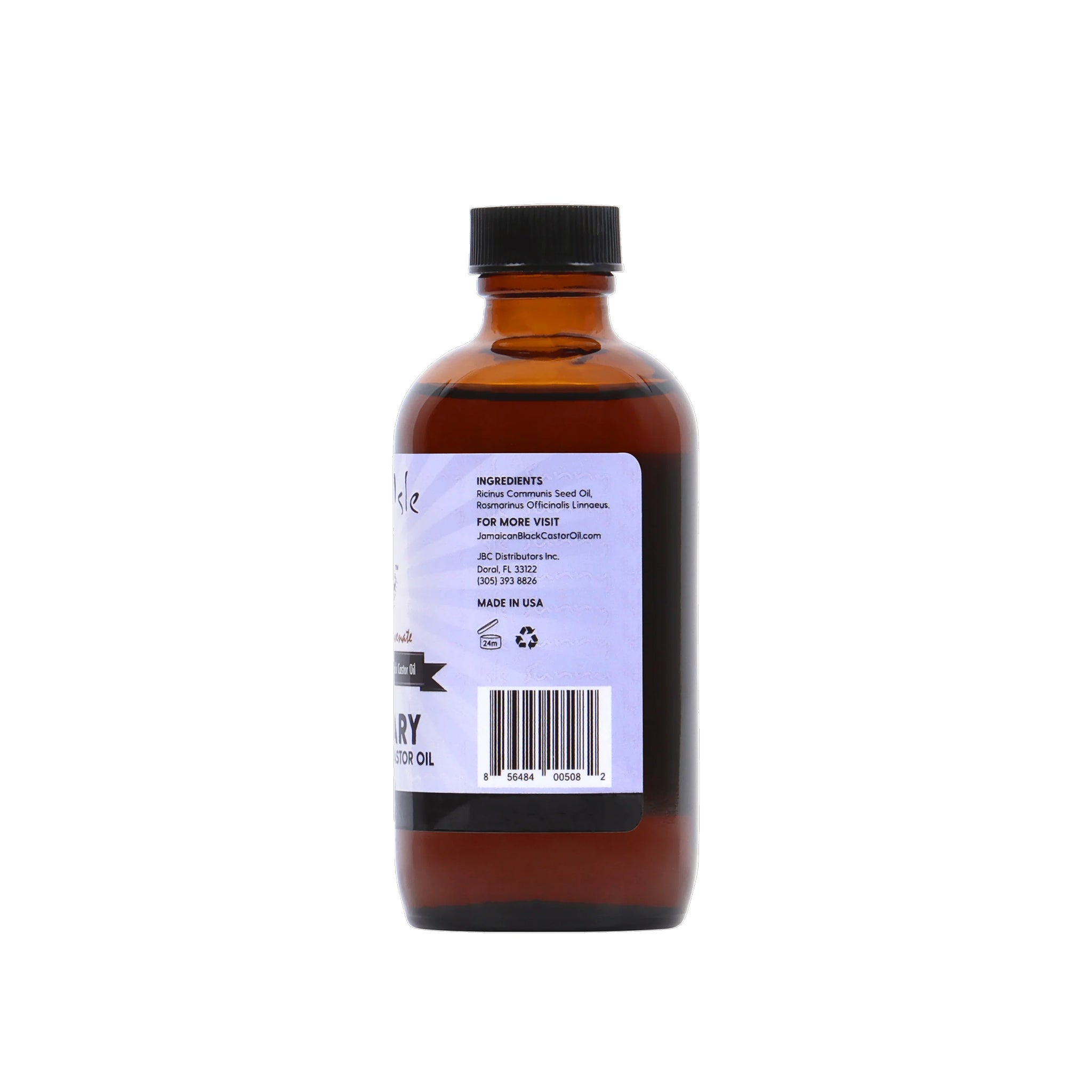 Sunny Isle Rosemary Jamaican Black Castor Oil (118 ml). Bagside af flasken, der viser ingrediensliste (Ricinus Communis Seed Oil, Rosmarinus Officinalis Linnaeus), producentinformation og stregkode.
