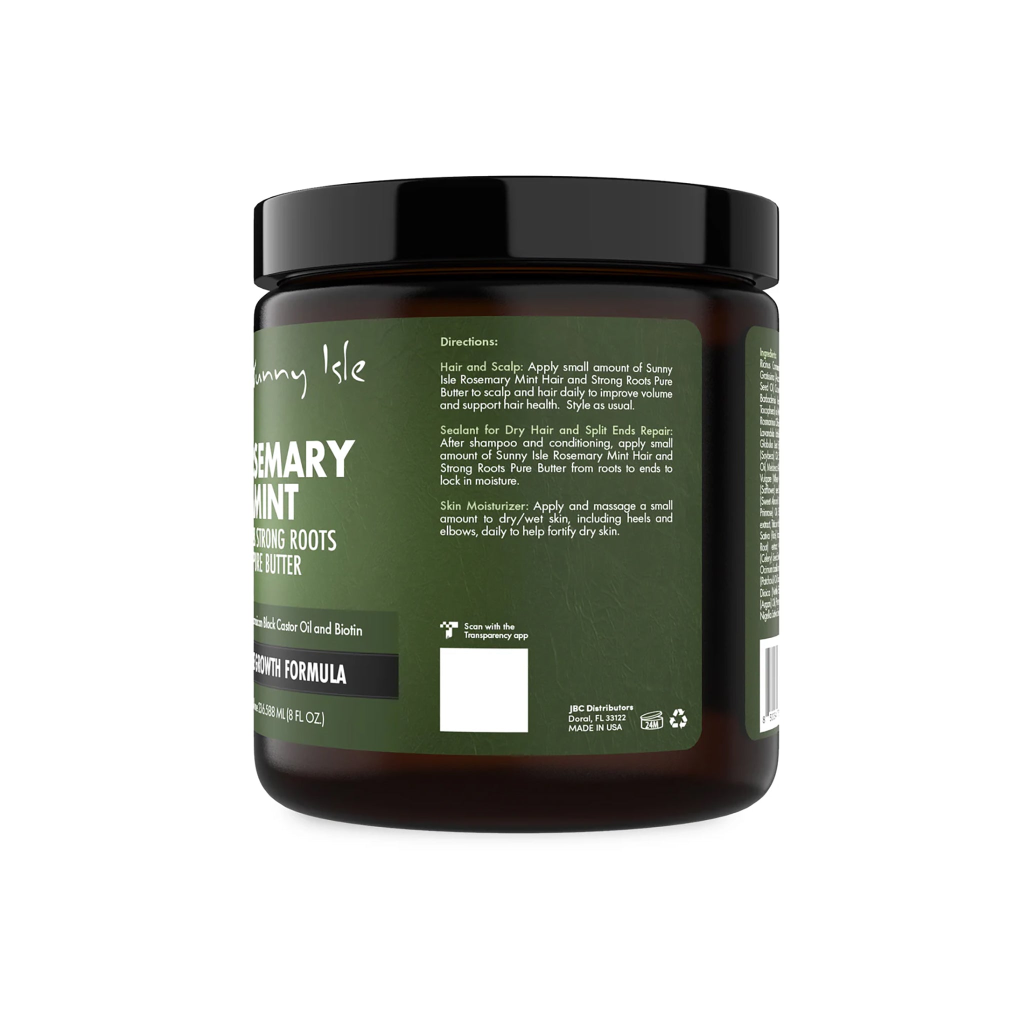 Sunny Isle Rosemary Mint Hair & Strong Roots Pure Butter (59 ml). Krukke med brugsanvisning og ingredienser synlige på etiketten. Indeholder jamaicansk sort ricinusolie og biotin.