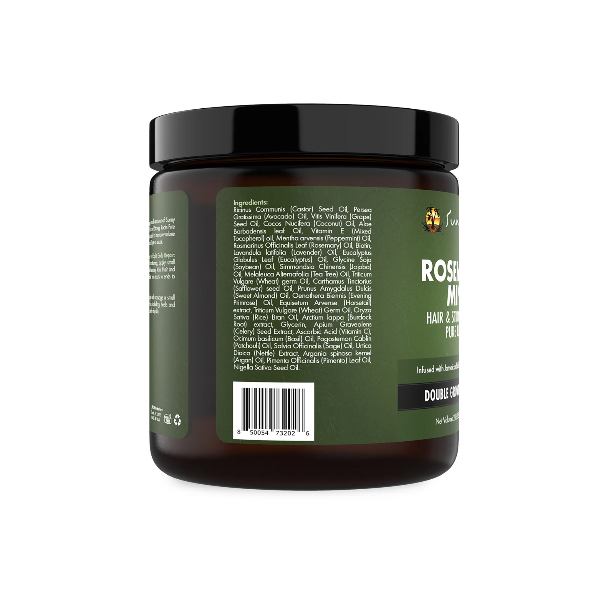 Sunny Isle Rosemary Mint Hair & Strong Roots Pure Butter (59 ml). Dåse i plast med fuld ingrediensliste synlig på etiketten. Indeholder jamaicansk sort ricinusolie og biotin.