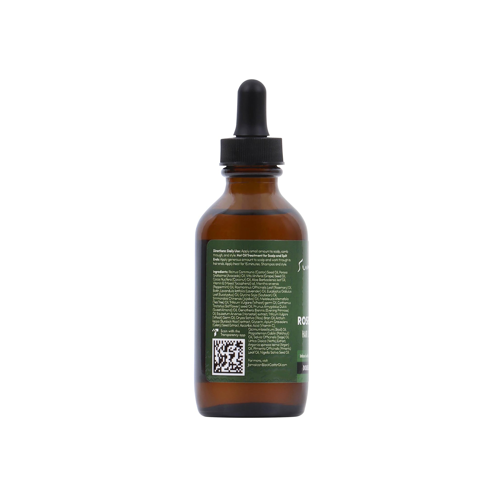 Sunny Isle Rosemary Mint Hair & Strong Roots Oil (88 ml). Bagside af flaske med pipette, der viser ingrediensliste og brugsanvisning. Indeholder jamaicansk sort ricinusolie.