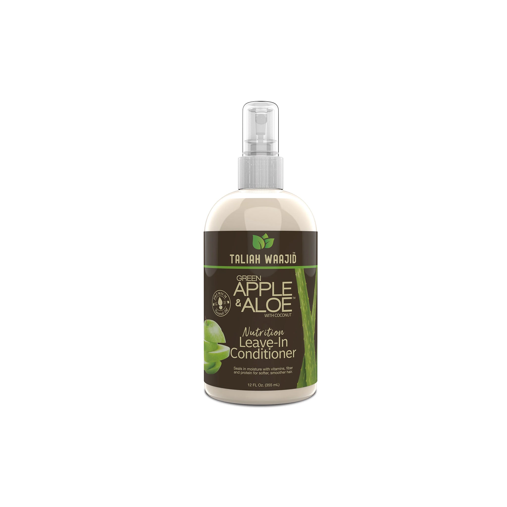Taliah Waajid Apple Aloe Leave-In Conditioner 355ml flaske med spraypumpe, grøn og brun etiket med æble- og aloe vera-grafik.